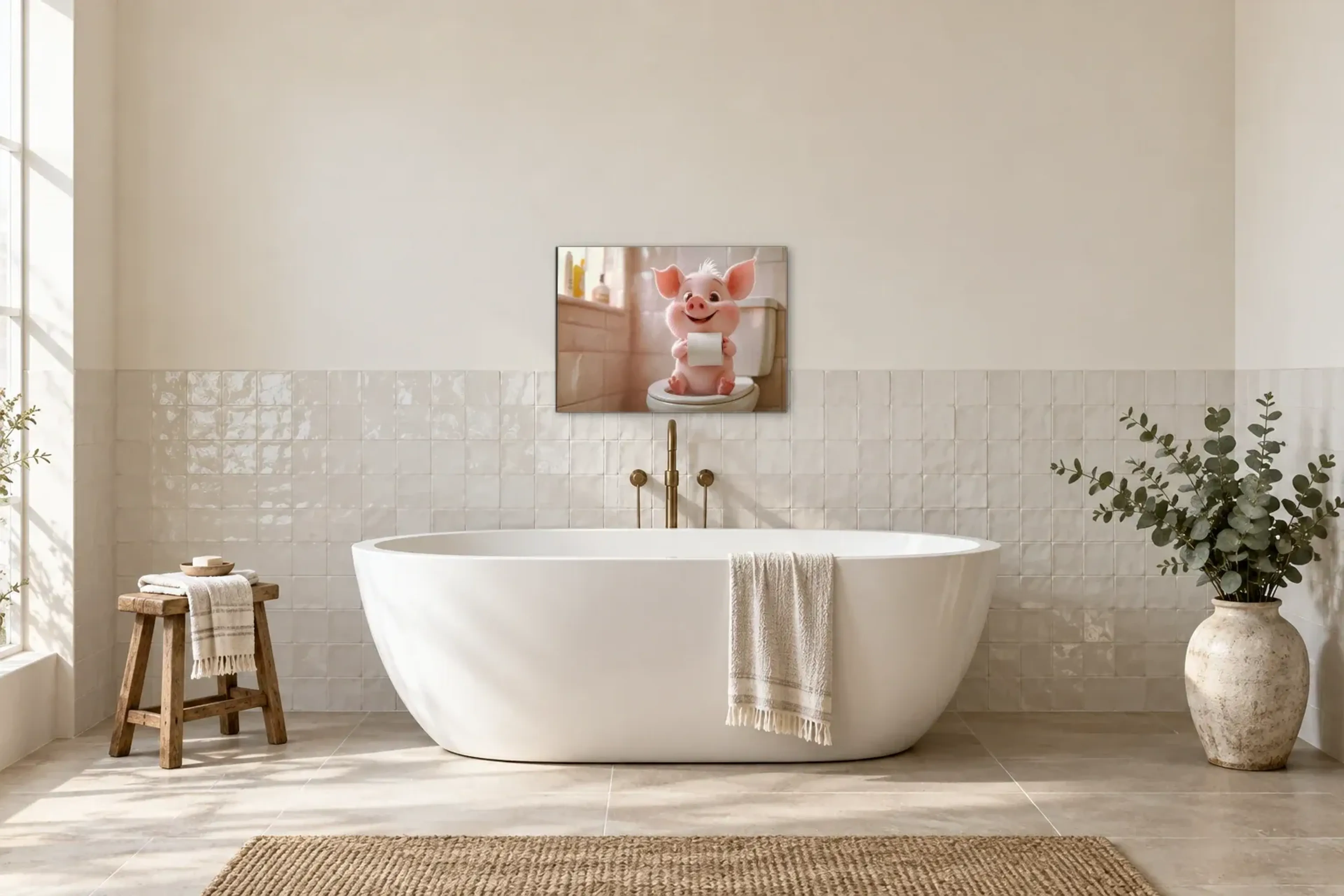 Schweinchen im hellen Bad als Wandbild über einer 170-cm-Badewanne