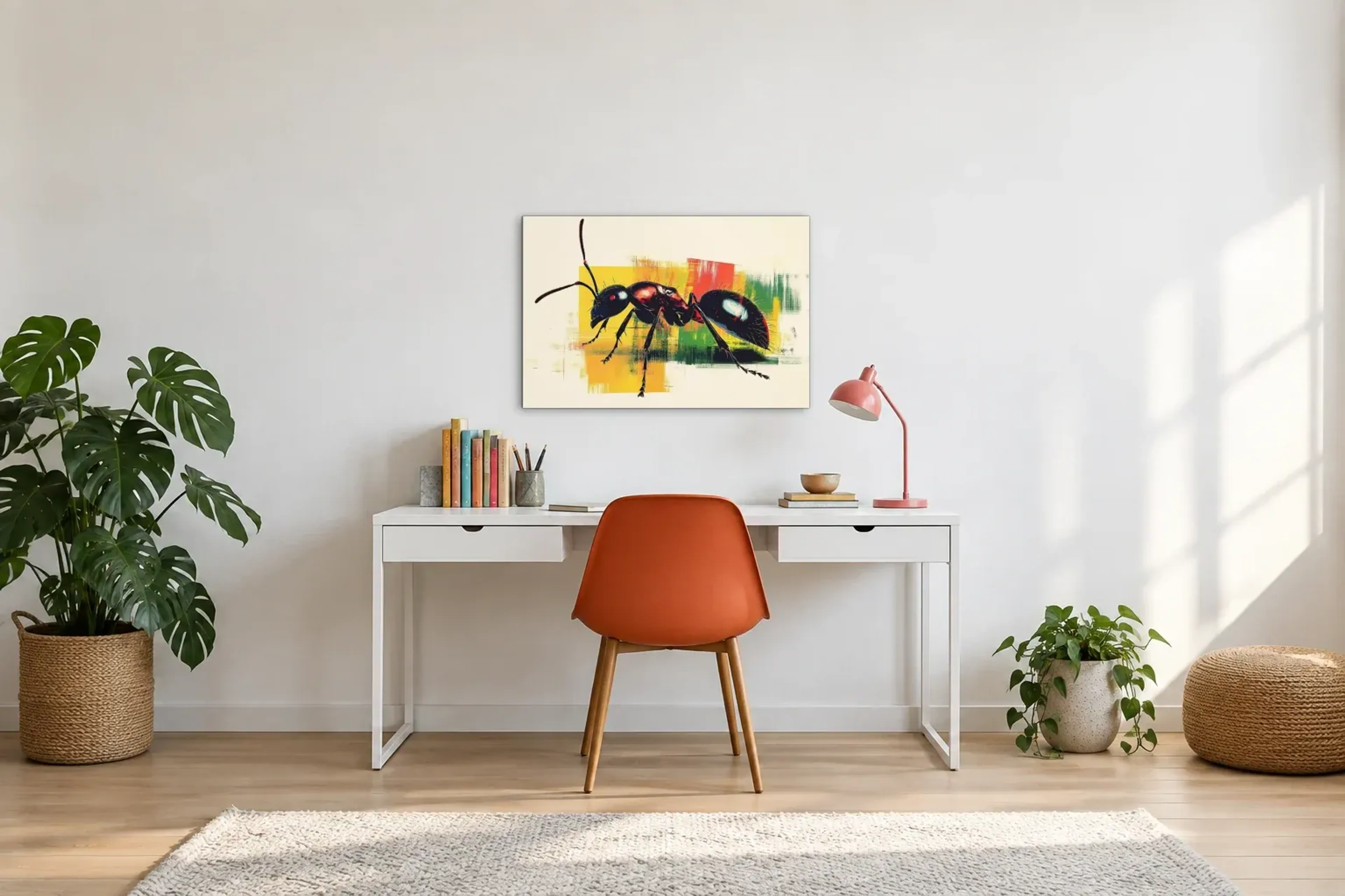 Ameise vor bunten Streifen als Wandbild über einem 140-cm-Schreibtisch