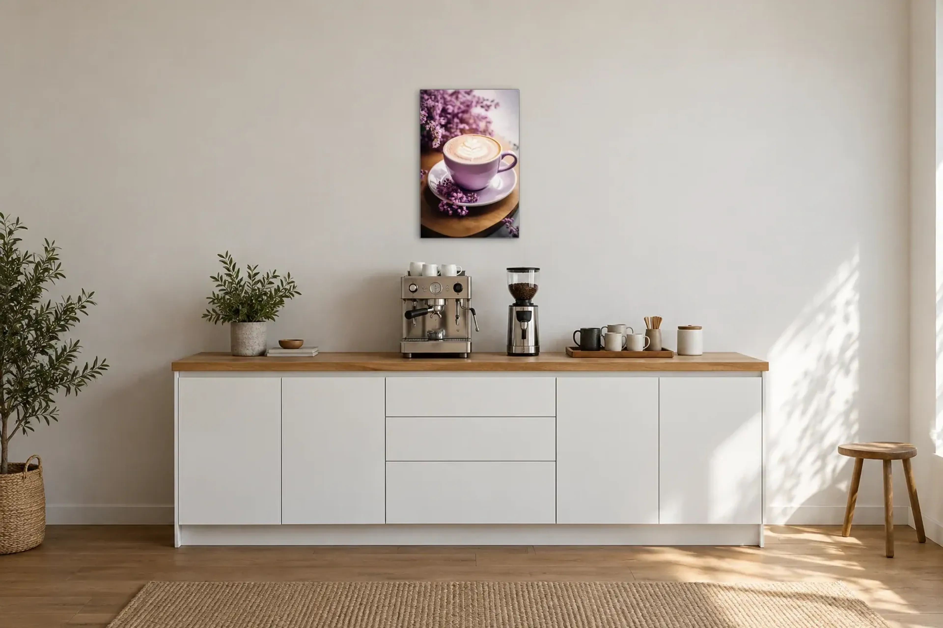 Kaffeetasse mit Blüten als Wandbild über einer 200-cm-Arbeitsplatte