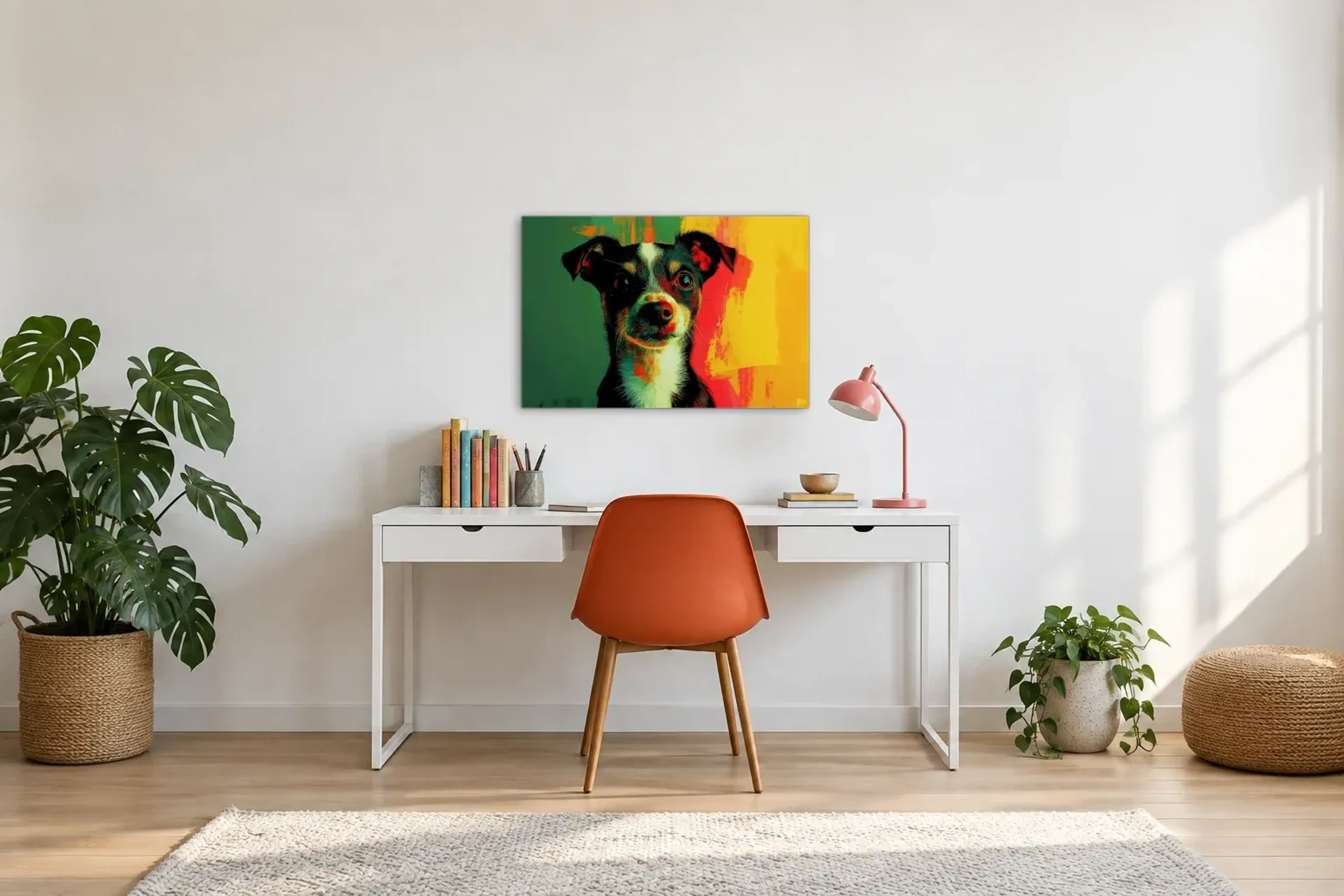 Jack Russell als Wandbild über einem 140-cm-Schreibtisch