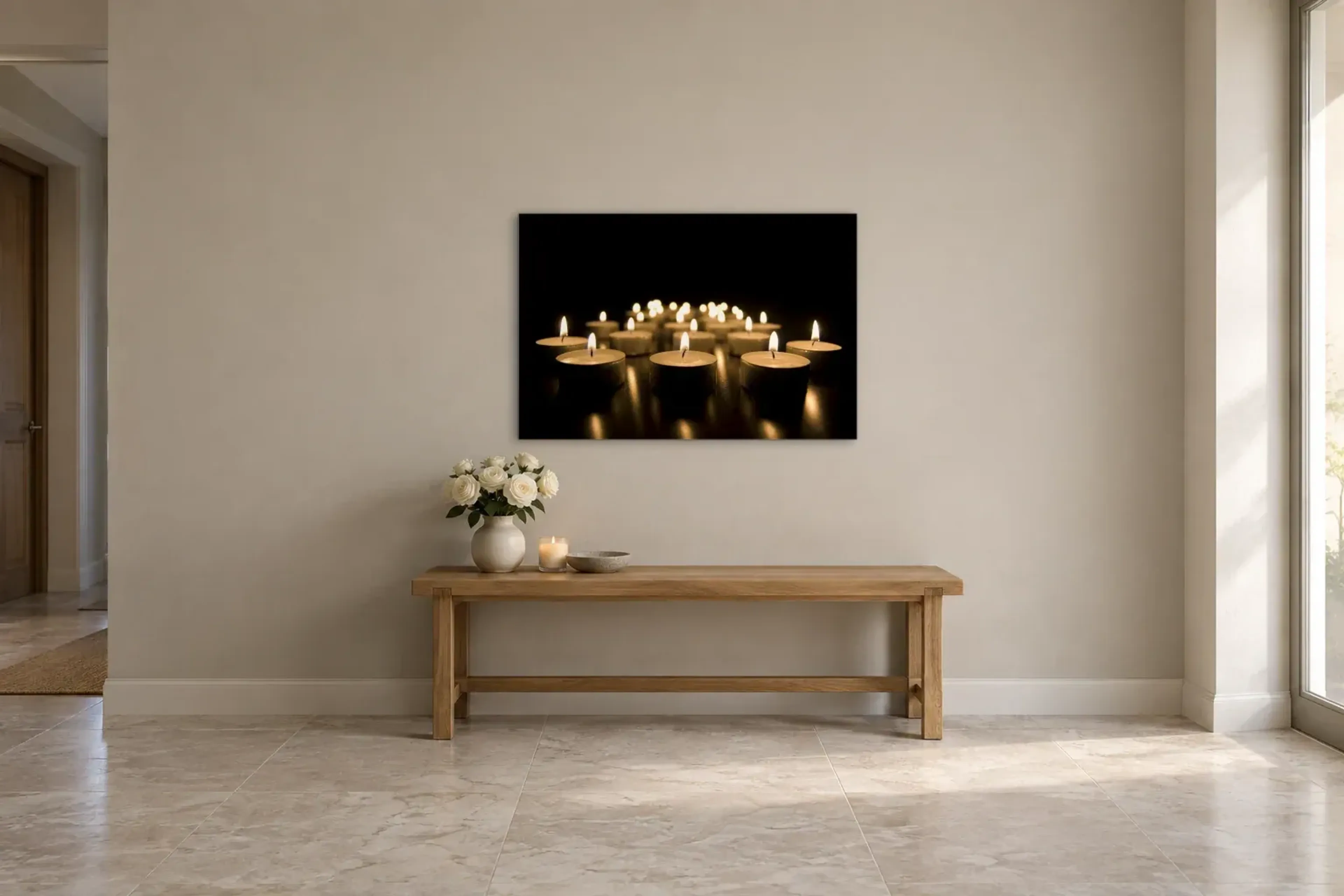 Brennende Kerzen als Wandbild über einer 120-cm-Bank
