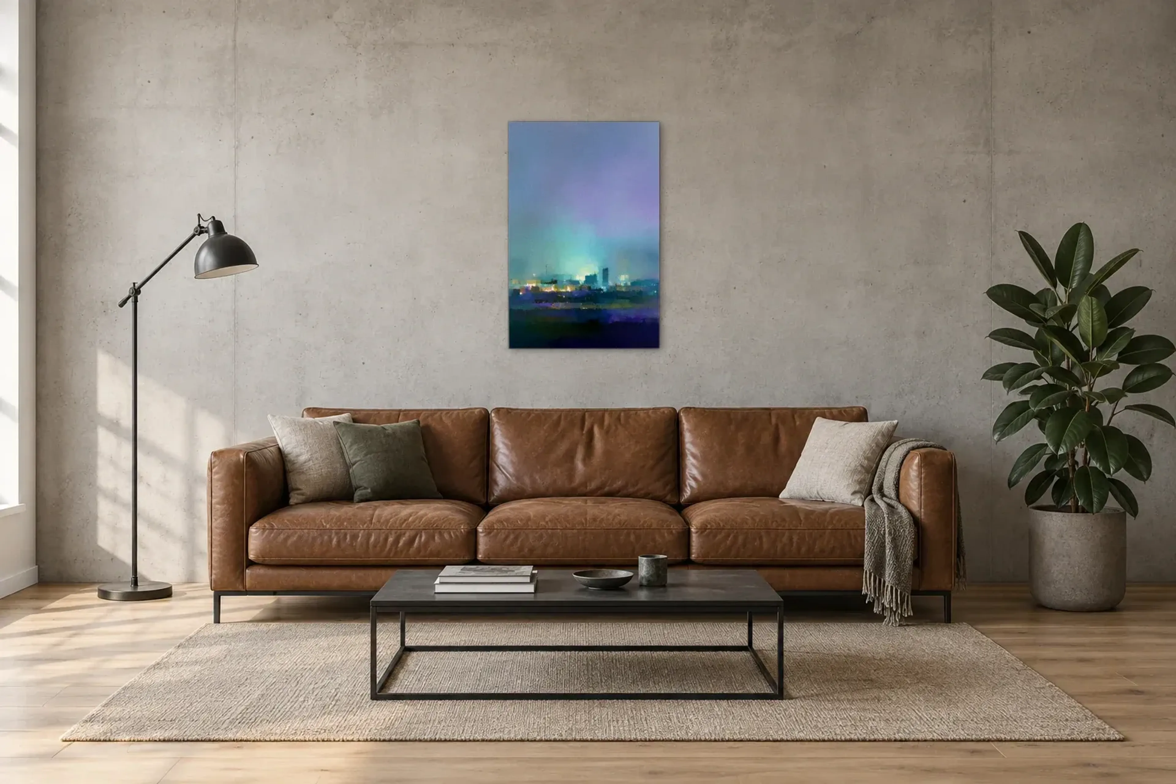 Berlin in sanften Farbflächen als Wandbild über einem 220-cm-Sofa