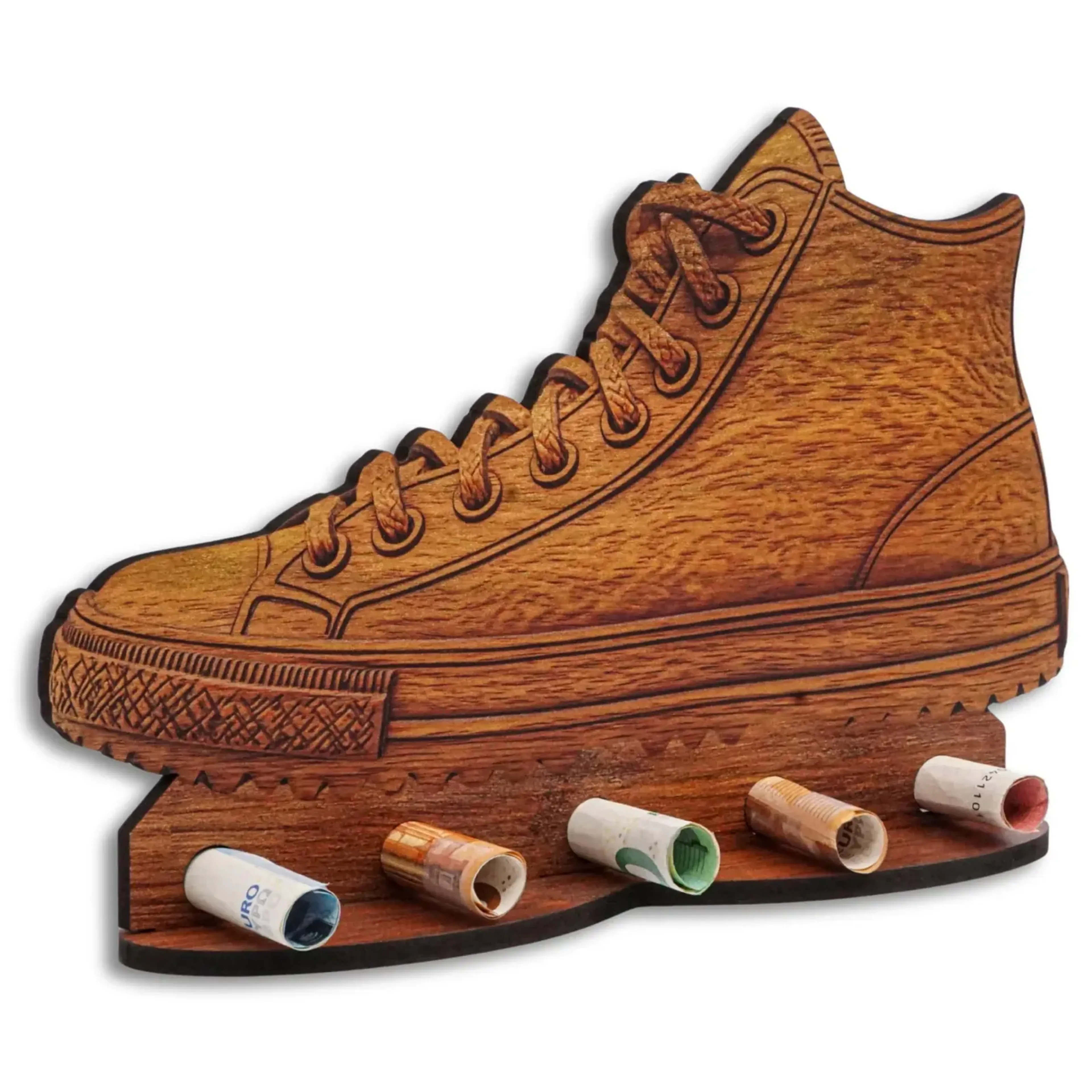 Hoher Schnürsneaker mit breiter Sohle in brauner Holzoptik, darunter fünf gerollte Geldscheine.