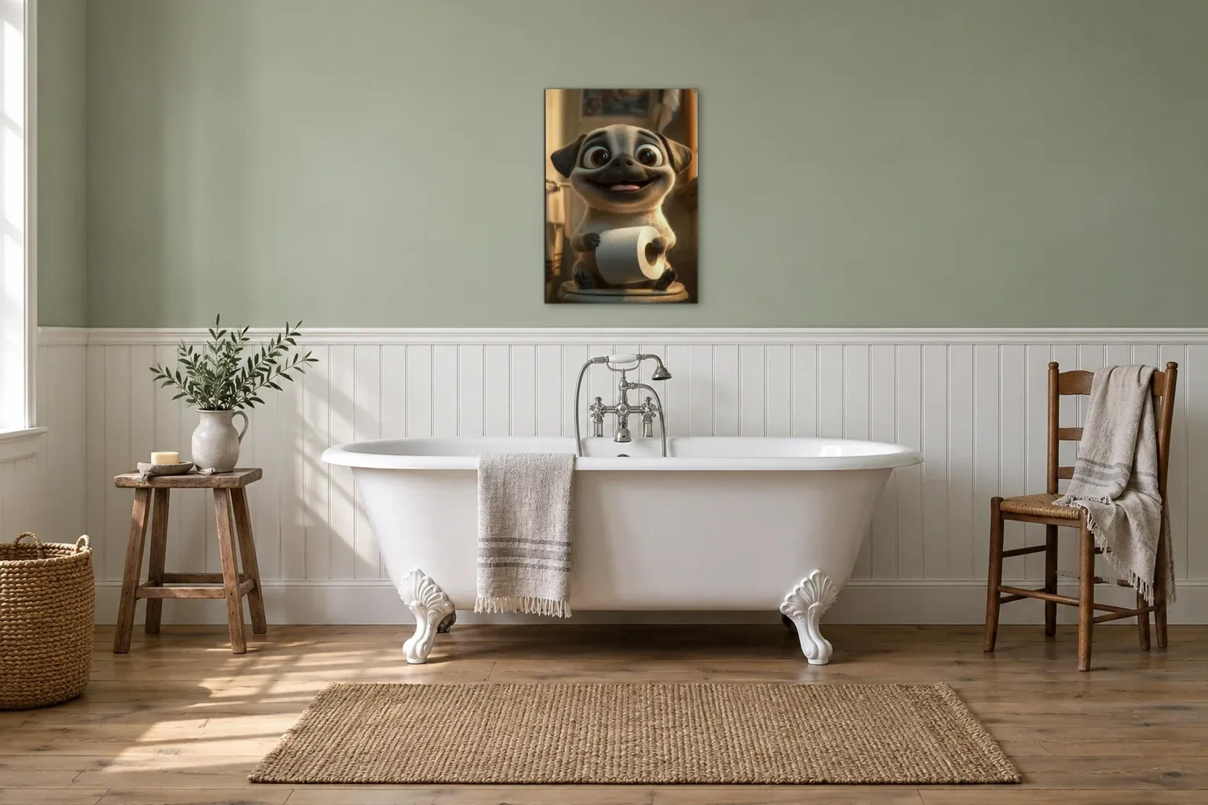Mops mit großer Rolle als Wandbild über einer 170-cm-Badewanne
