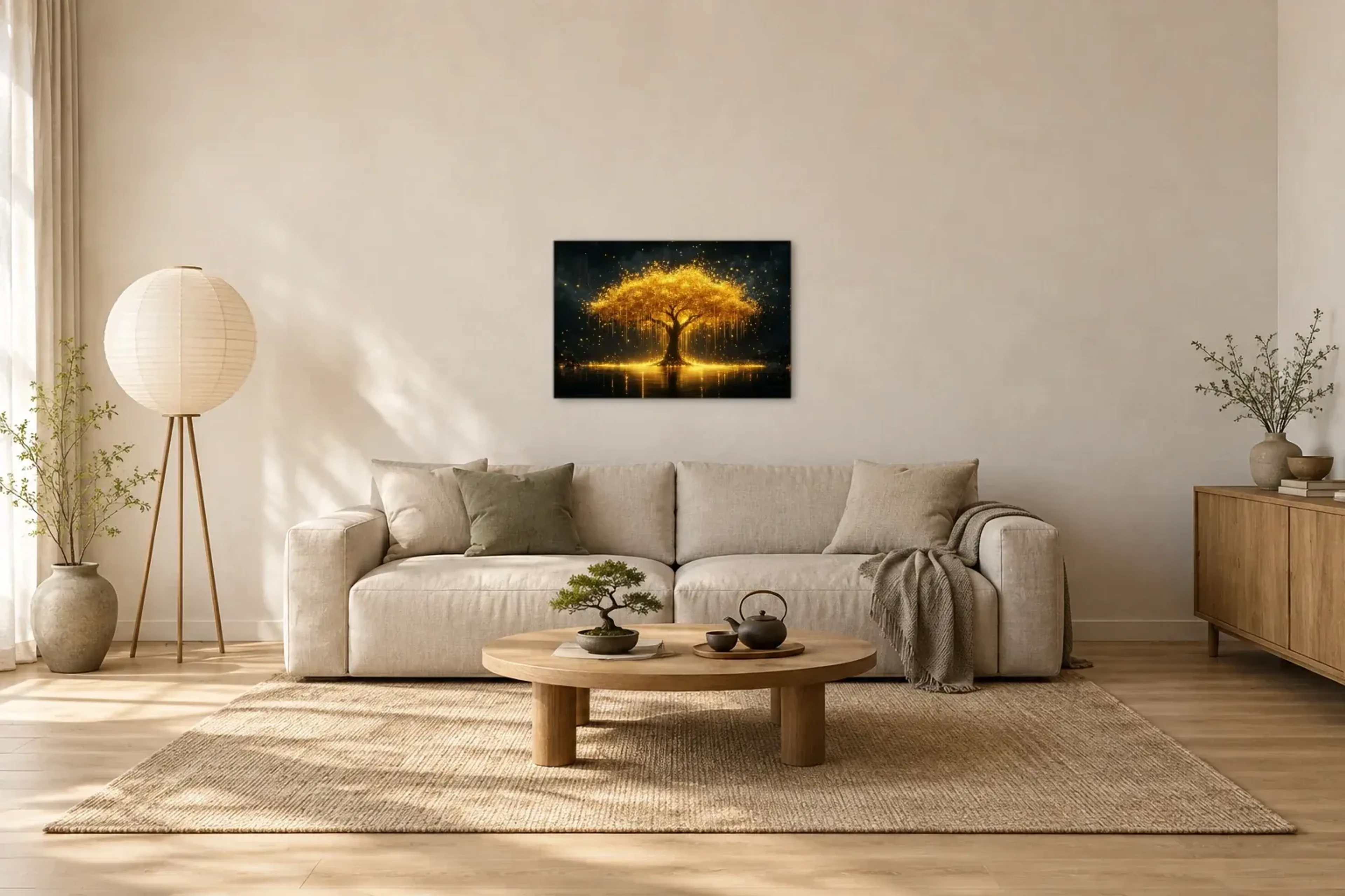 Goldener Lichtbaum als Wandbild über einem 220-cm-Sofa