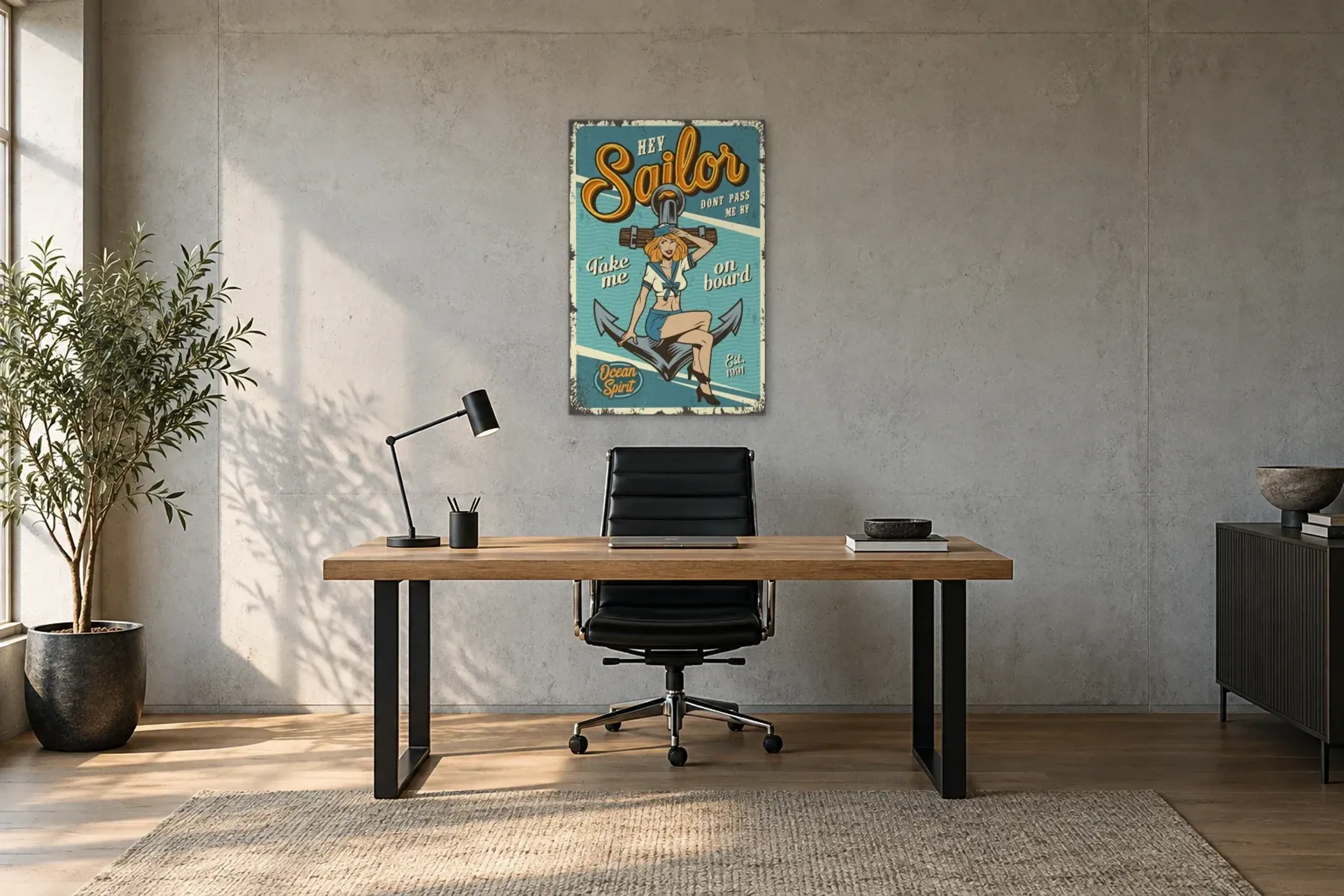Matrosin auf Anker als Wandbild über einem 160-cm-Schreibtisch