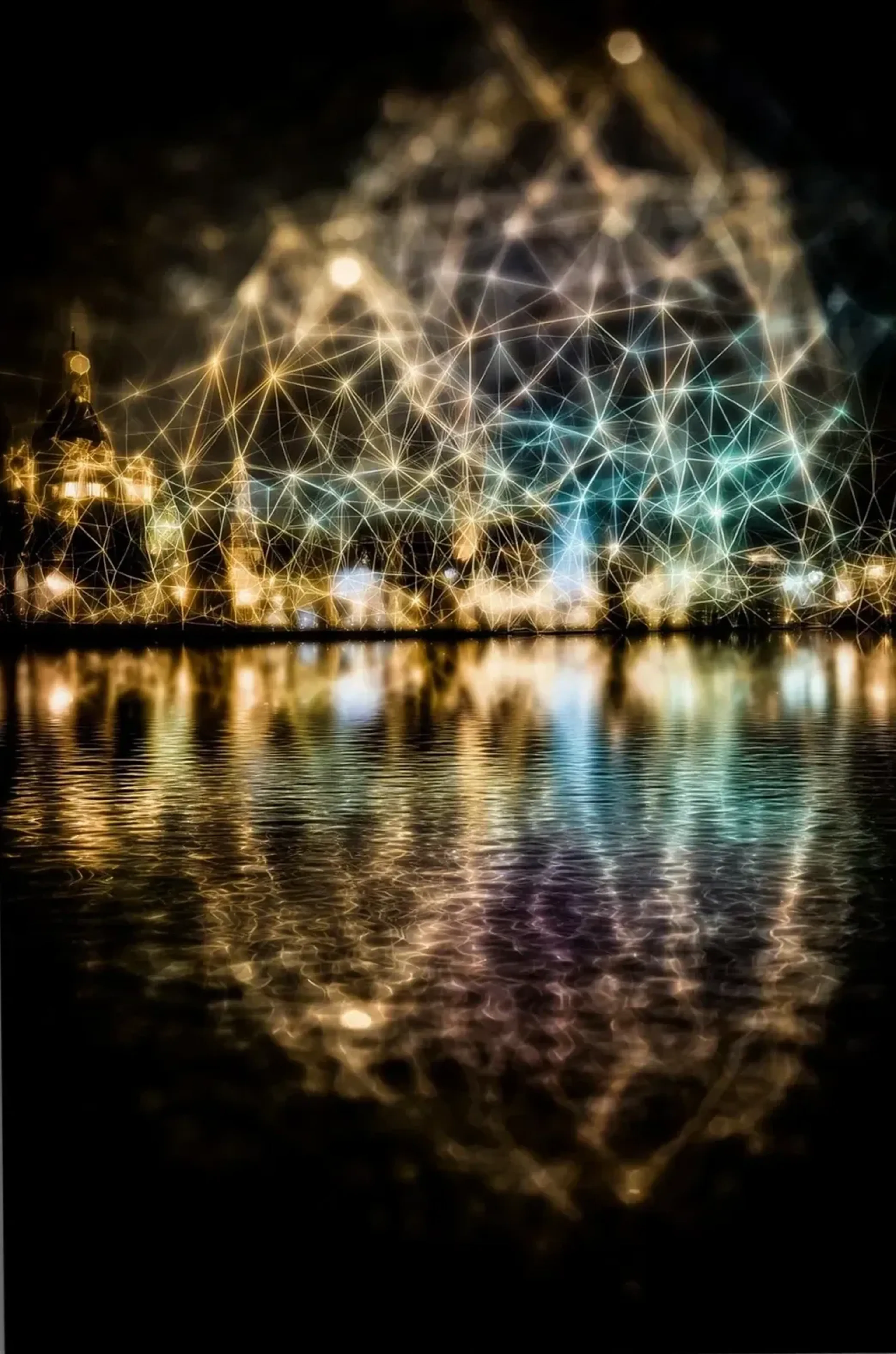 Ein Netz aus goldenen, weißen und türkisfarbenen Lichtlinien über einer dunklen Uferkulisse spiegelt sich im Wasser.