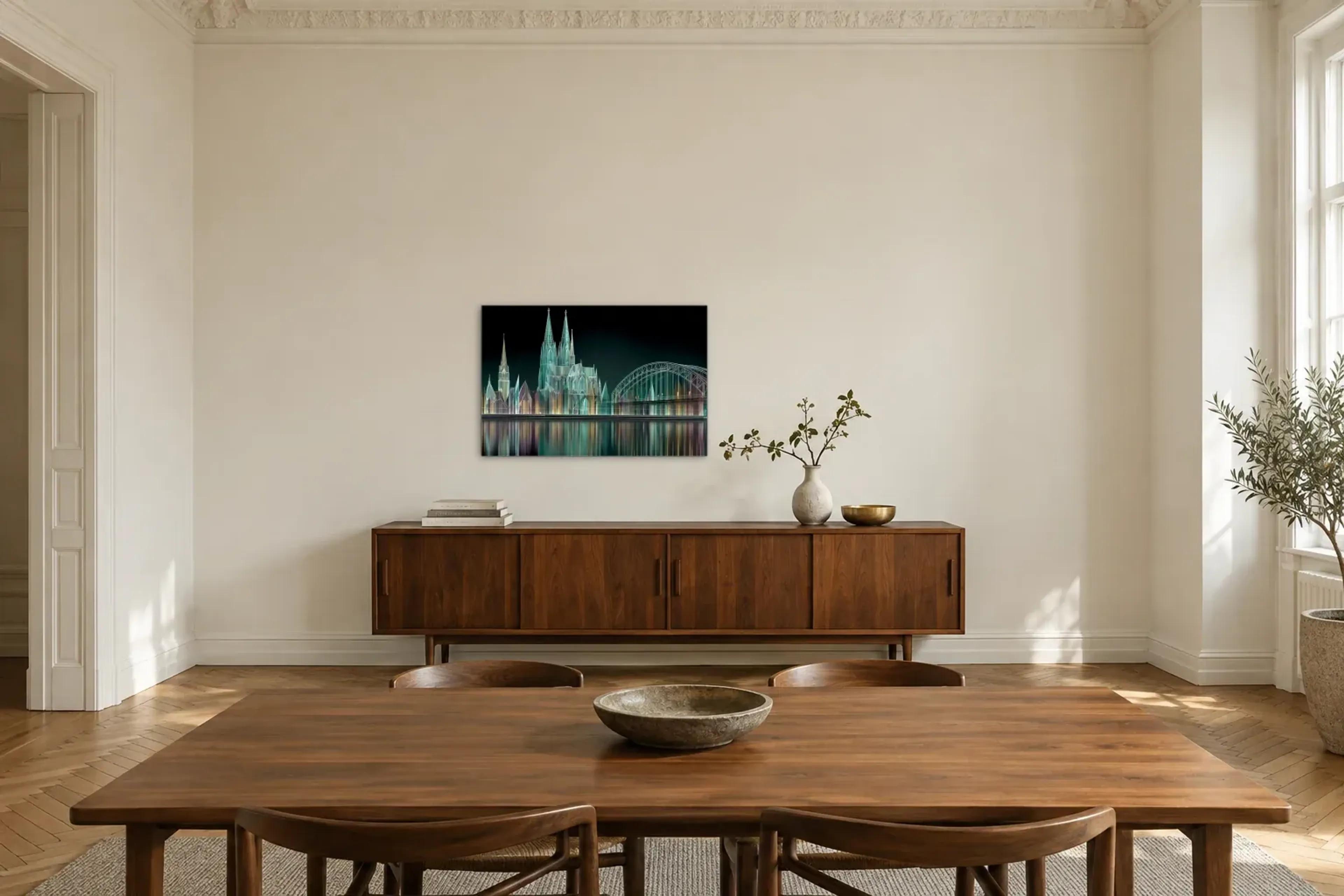 Köln aus Lichtlinien als Wandbild über einem 200-cm-Sideboard