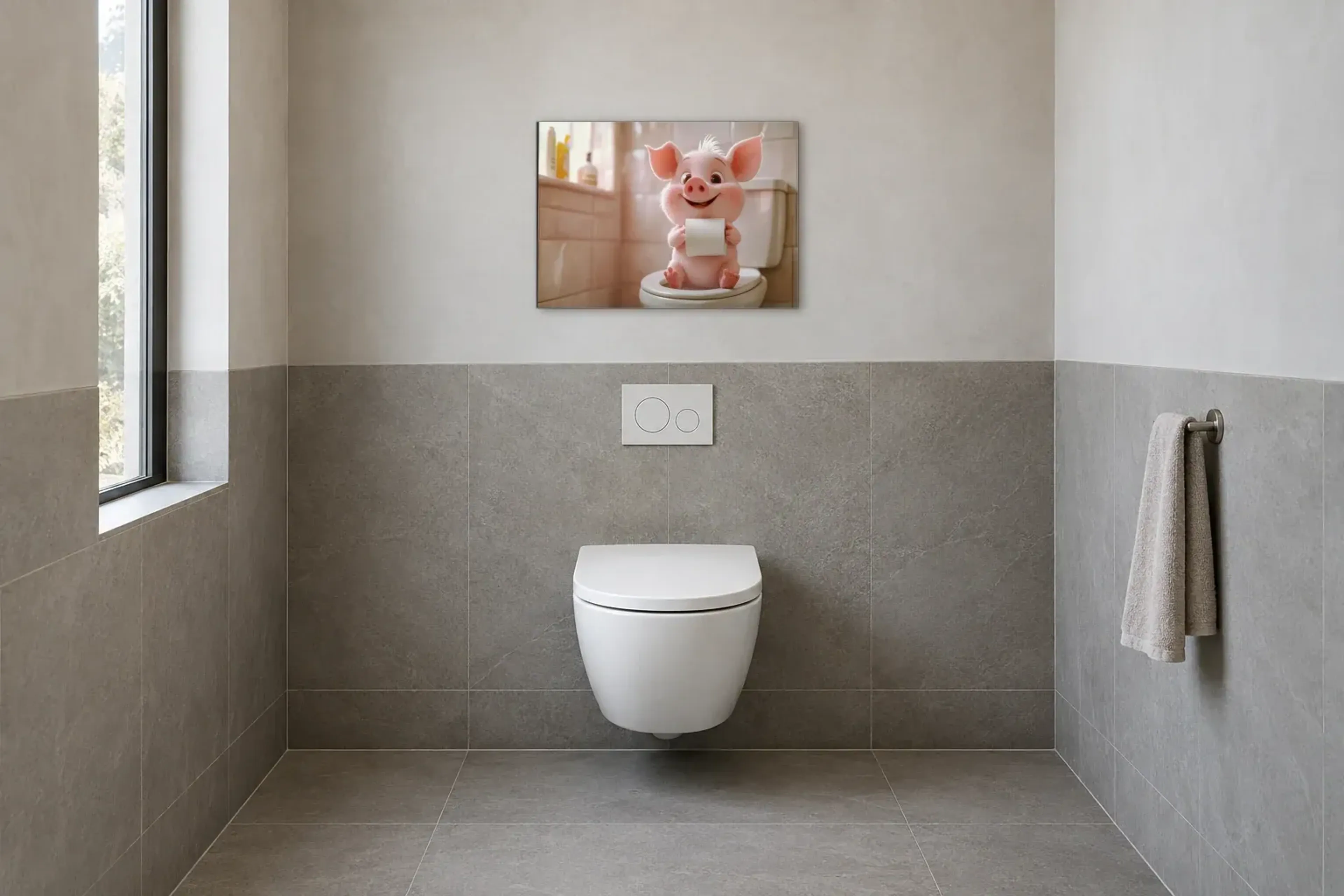 Schweinchen im hellen Bad als Wandbild im Gäste-WC