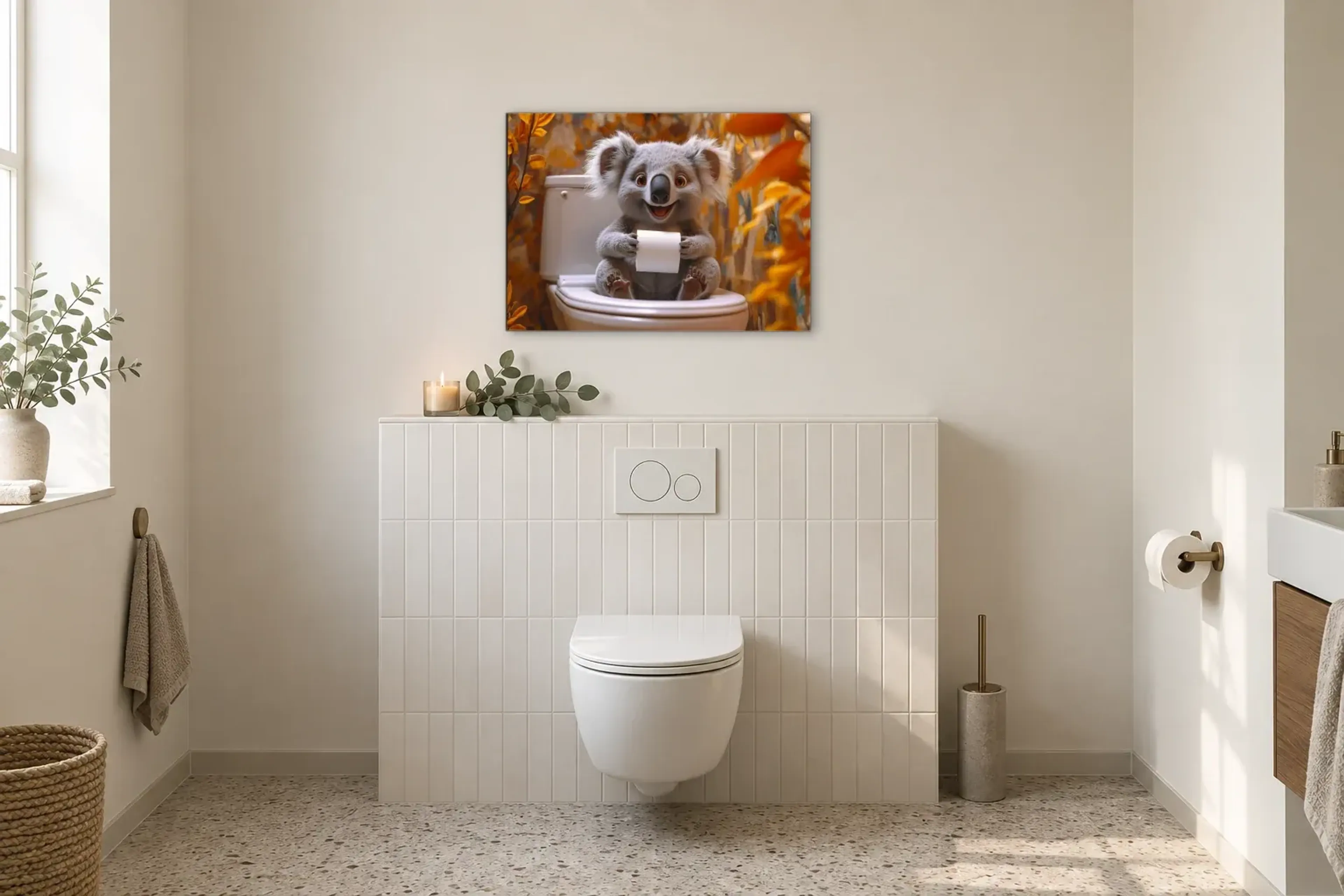 Koala zwischen Herbstblättern als Wandbild im Gäste-WC