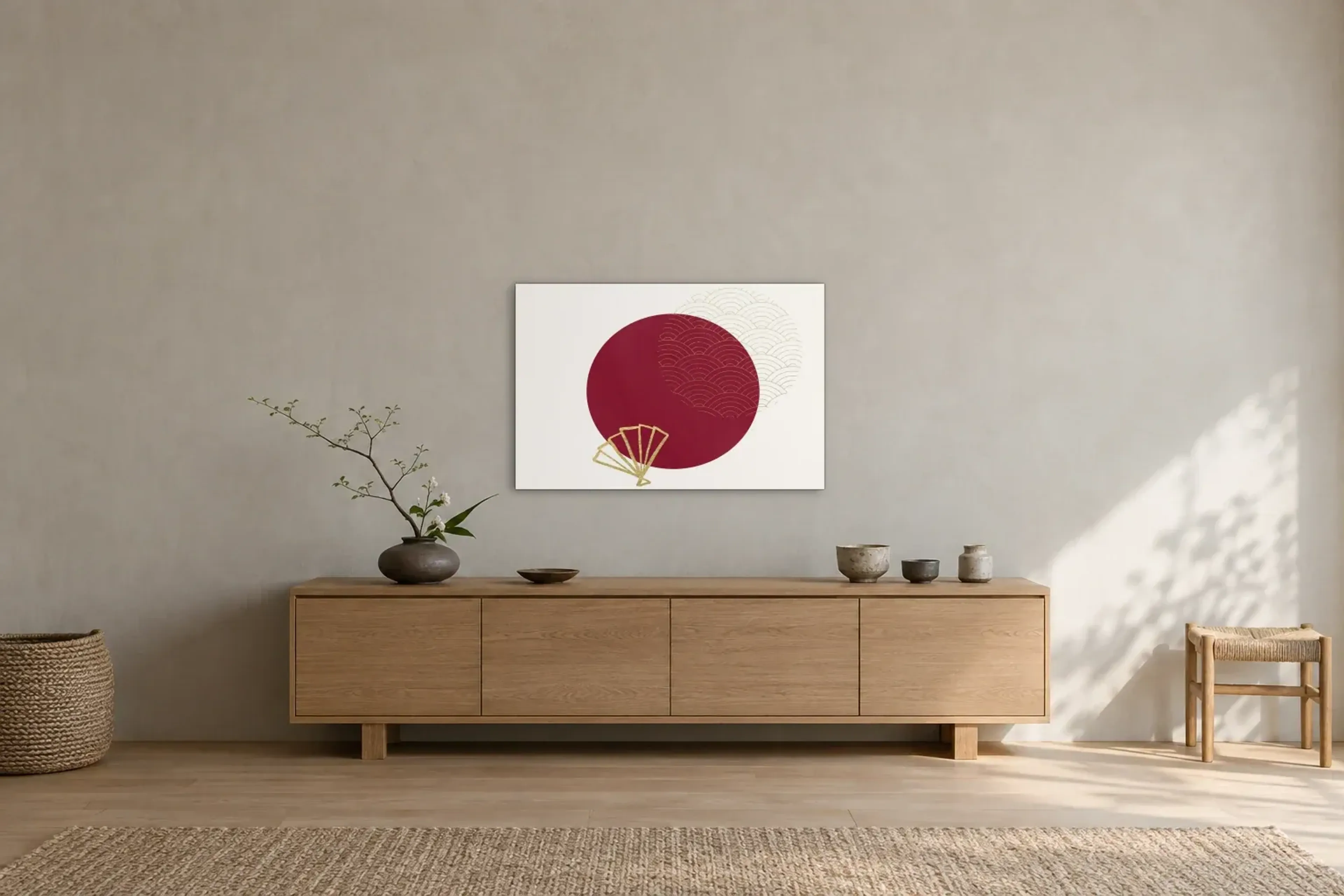 Roter Kreis mit Fächer als Wandbild über einem 180-cm-Sideboard
