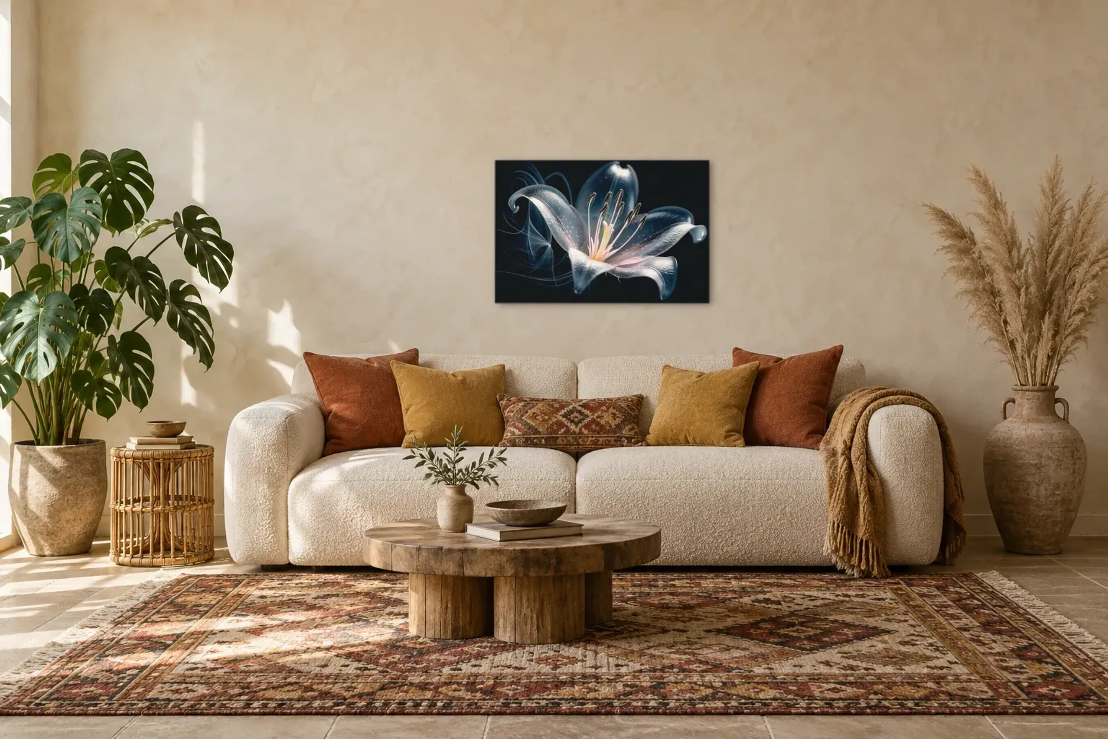 Silbrig schimmernde Lilie als Wandbild über einem 220-cm-Sofa