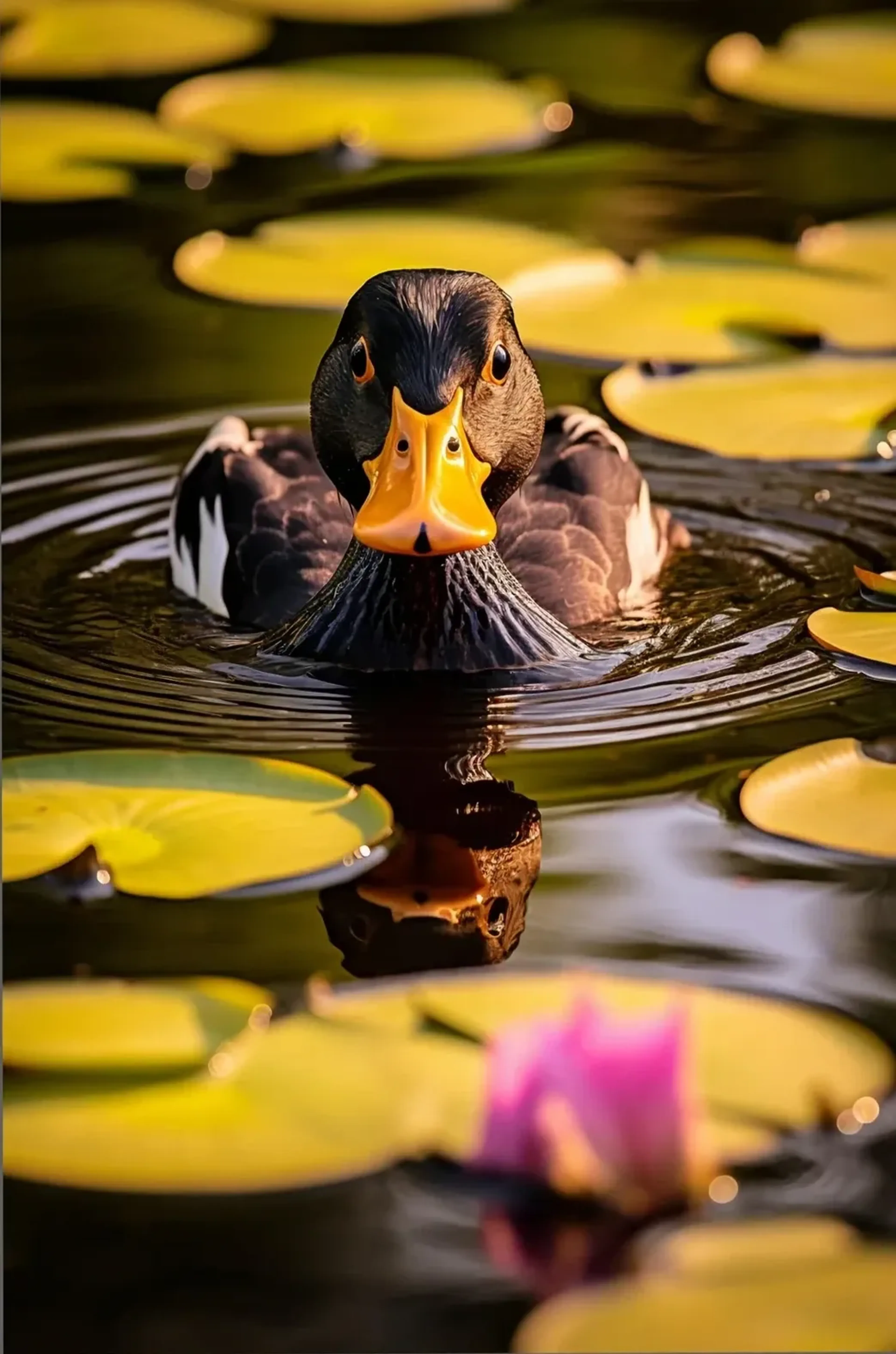 Eine Ente mit gelbem Schnabel schwimmt zwischen Seerosenblättern; im Vordergrund liegt eine unscharfe rosa Blüte.