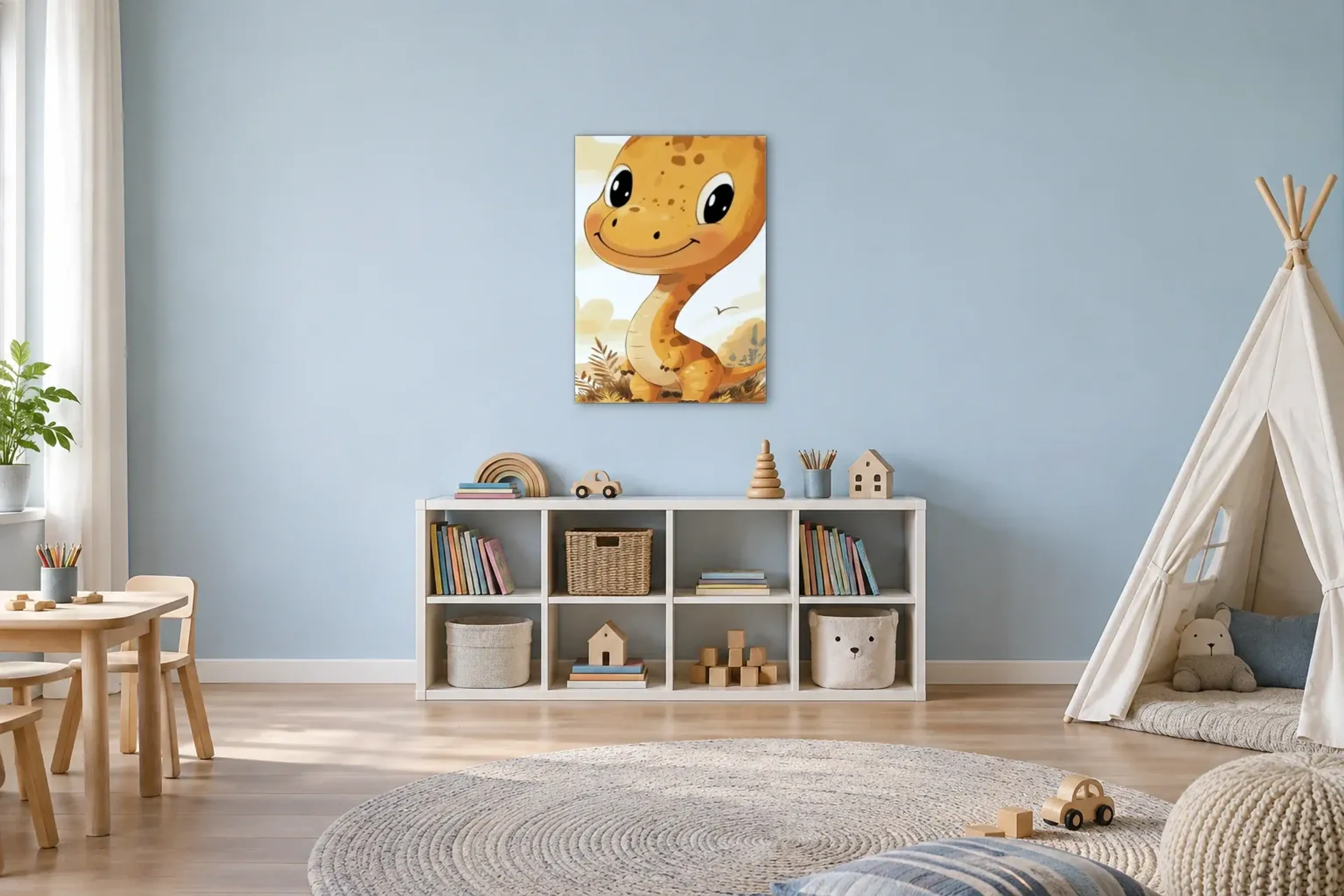Goldgelber Dino mit Lächeln als Wandbild über einem 120-cm-Spielregal