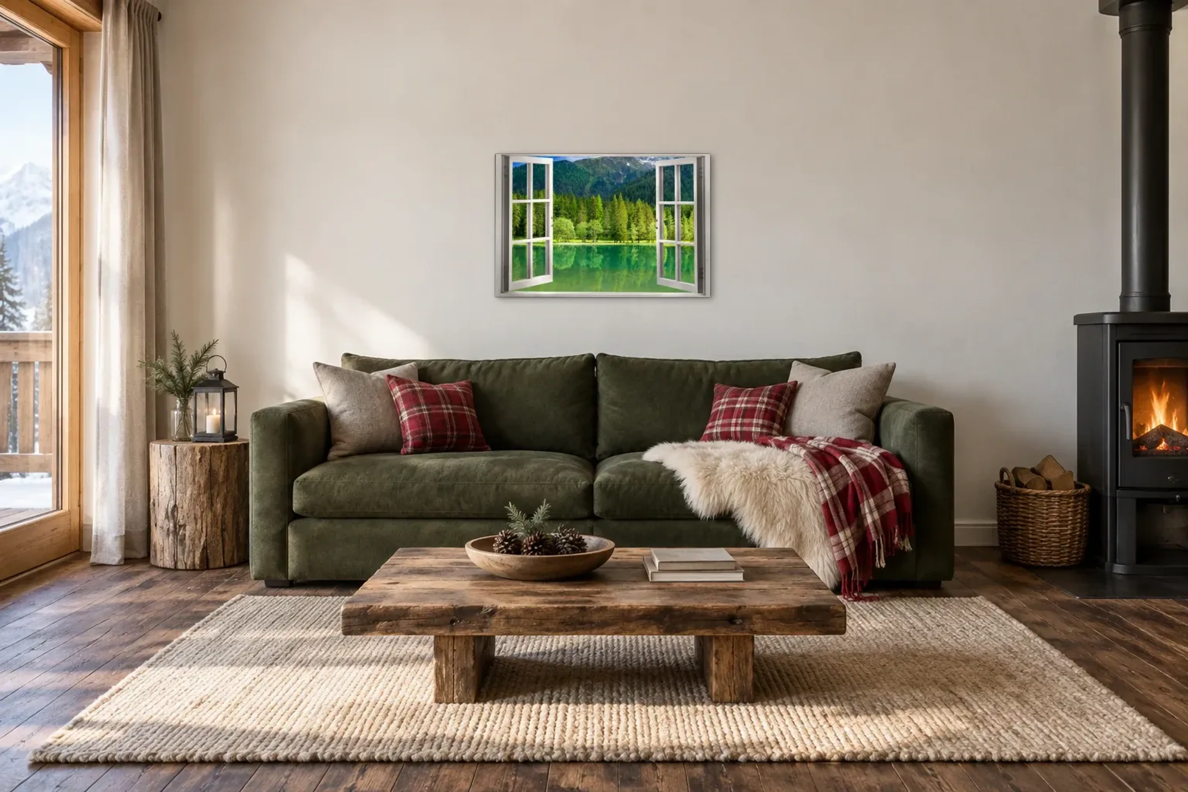 Grüner See im Gebirge als Wandbild über einem 220-cm-Sofa