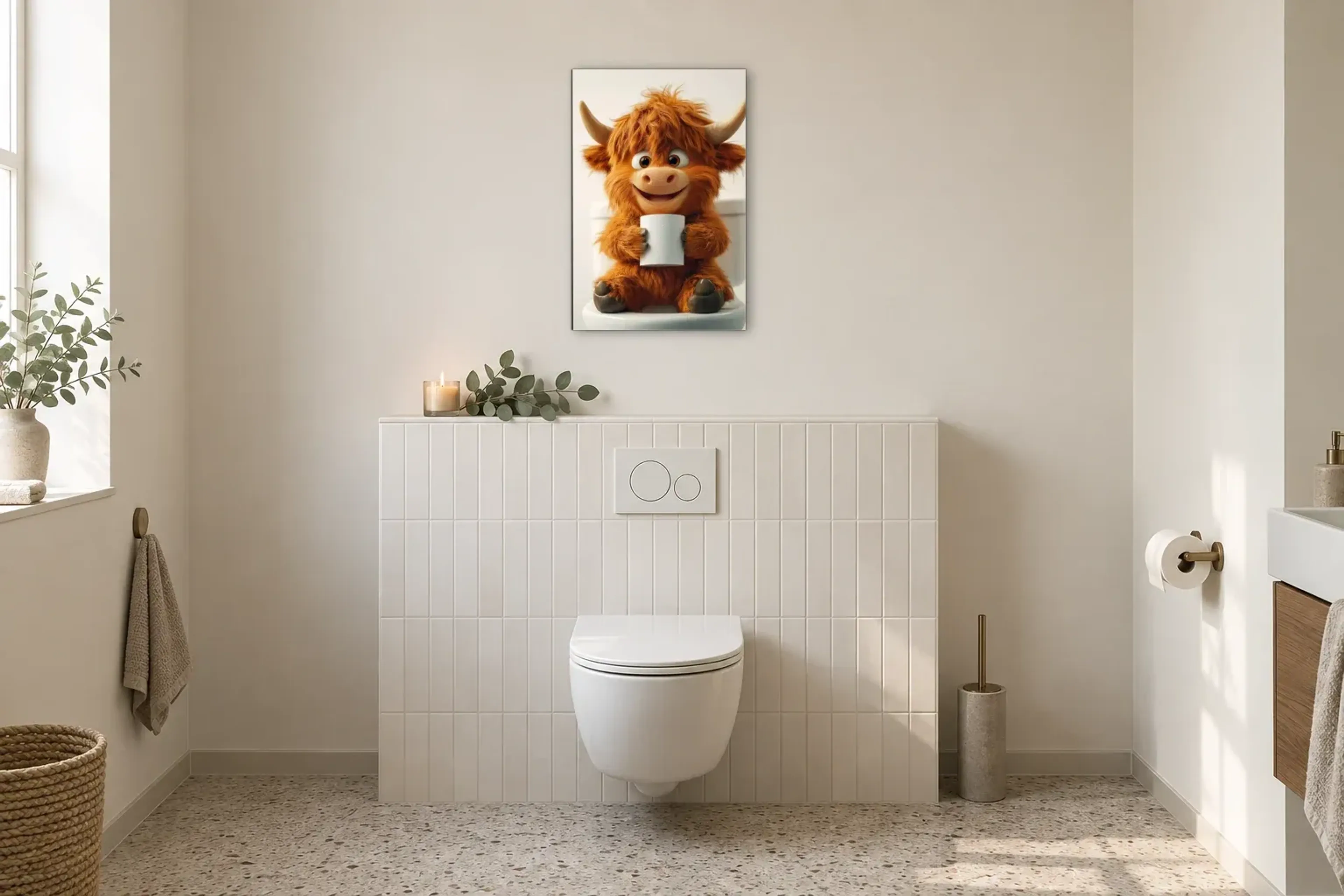 Hochlandrind mit breitem Grinsen als Wandbild im Gäste-WC