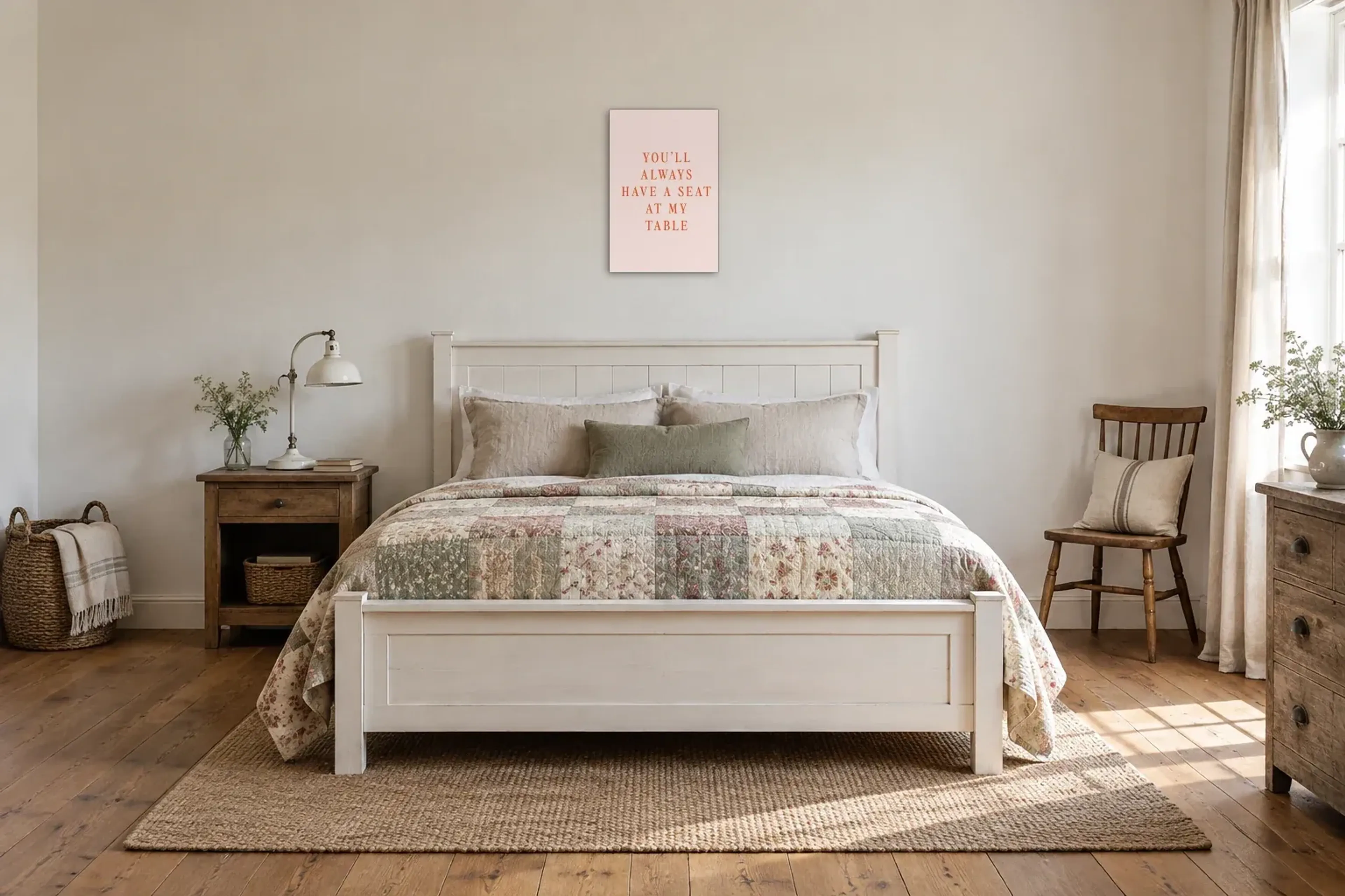 Platz am Tisch als Wandbild über einem 160-cm-Bett
