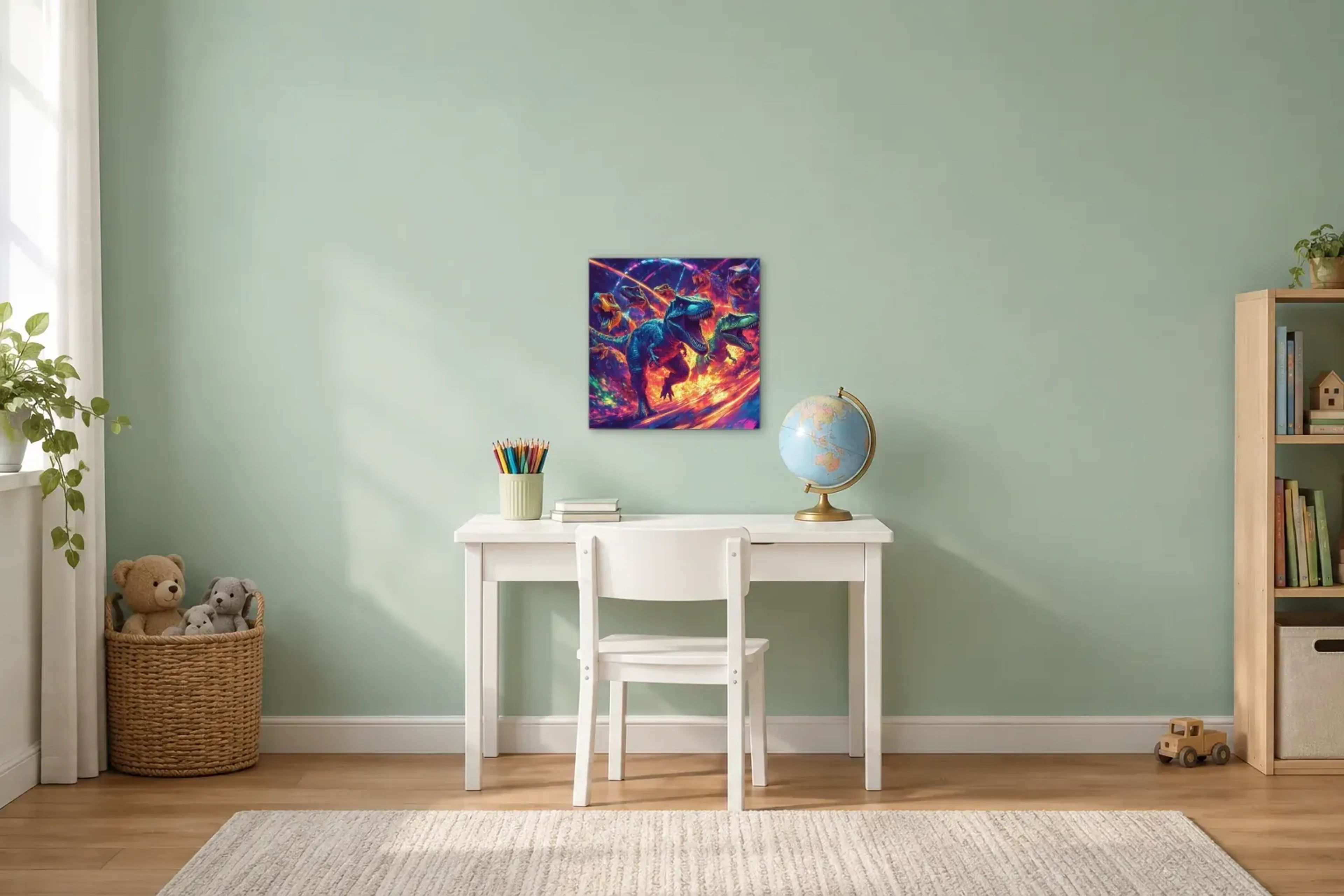 Dinosaurier im Neonwirbel als Wandbild über einem 110-cm-Kinderschreibtisch