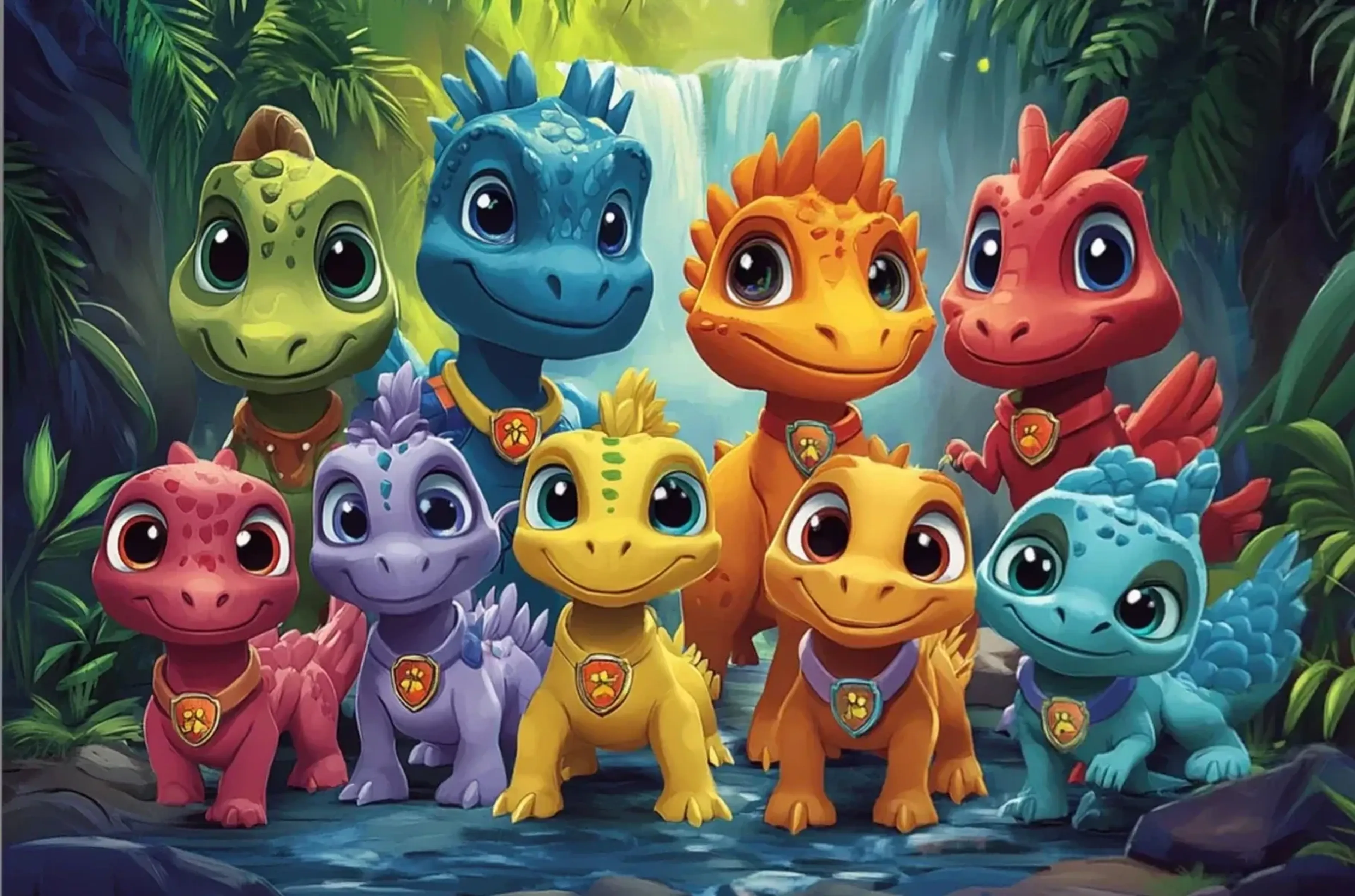 Bunte Dinosaurier mit großen Augen und Halsabzeichen stehen vor einem Wasserfall zwischen grünen Dschungelpflanzen.