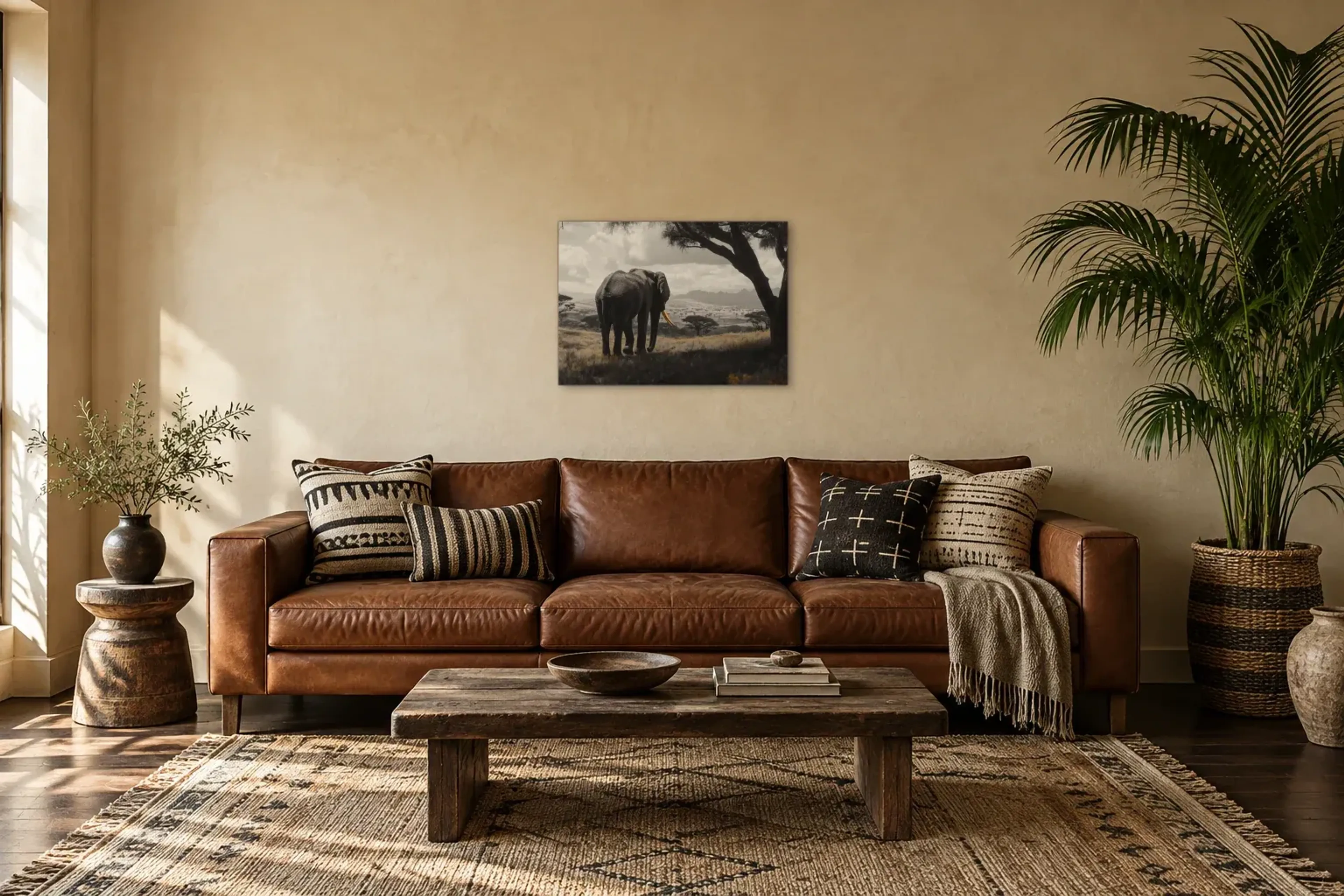 Elefant unter weitem Himmel als Wandbild über einem 220-cm-Sofa