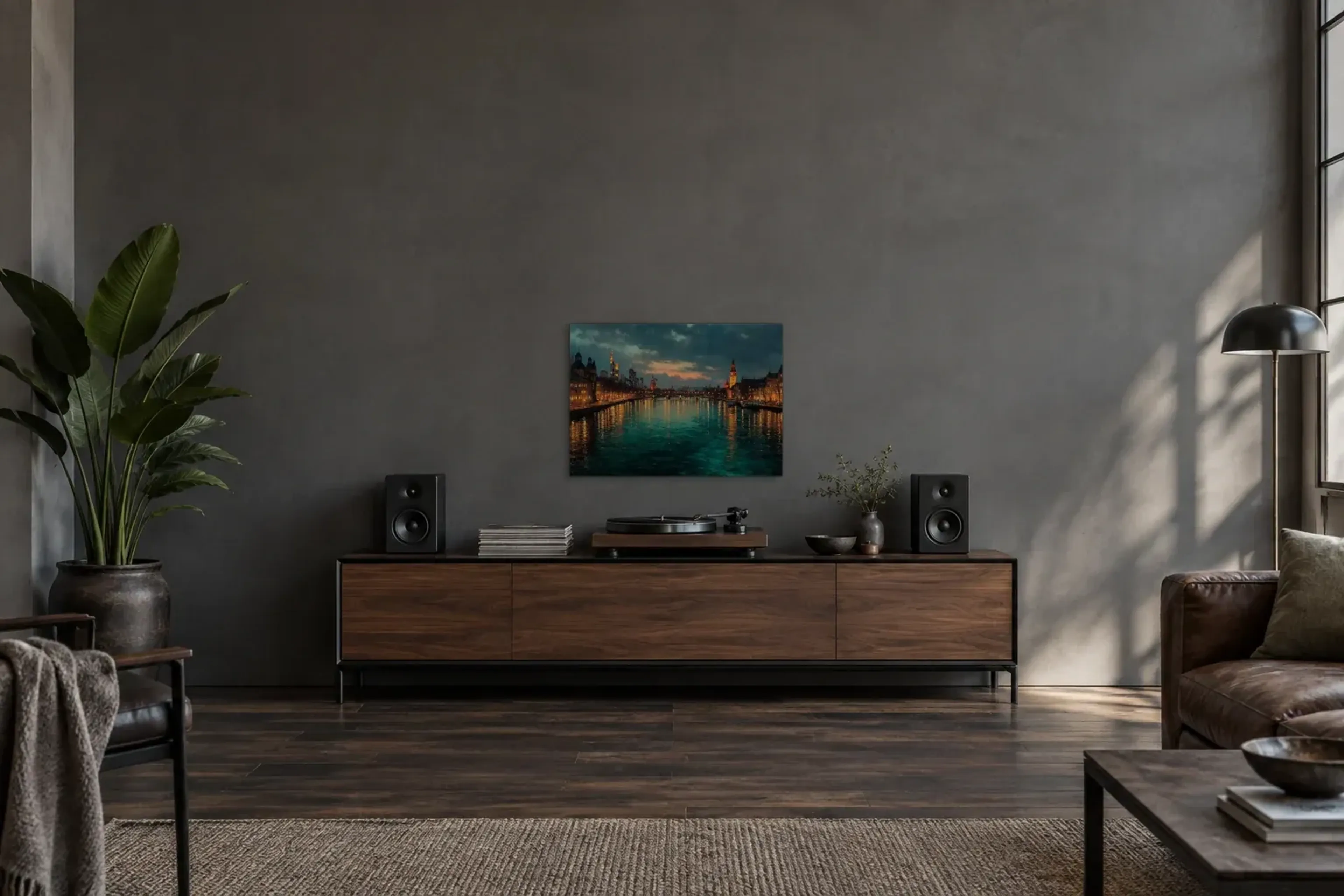 Frankfurt im Abendlicht als Wandbild über einem 200-cm-Sideboard