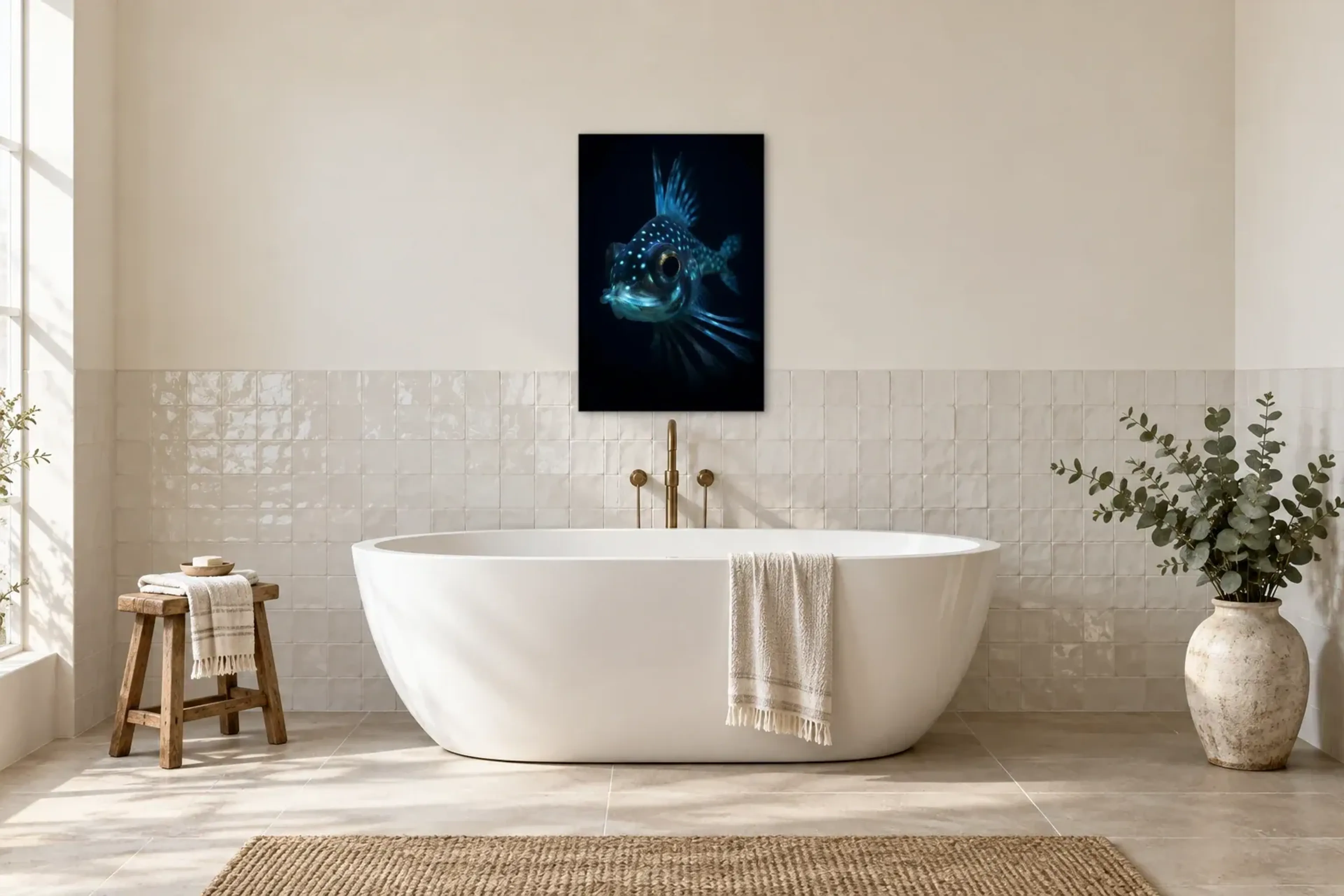 Fisch im blauen Licht als Wandbild über einer 170-cm-Badewanne
