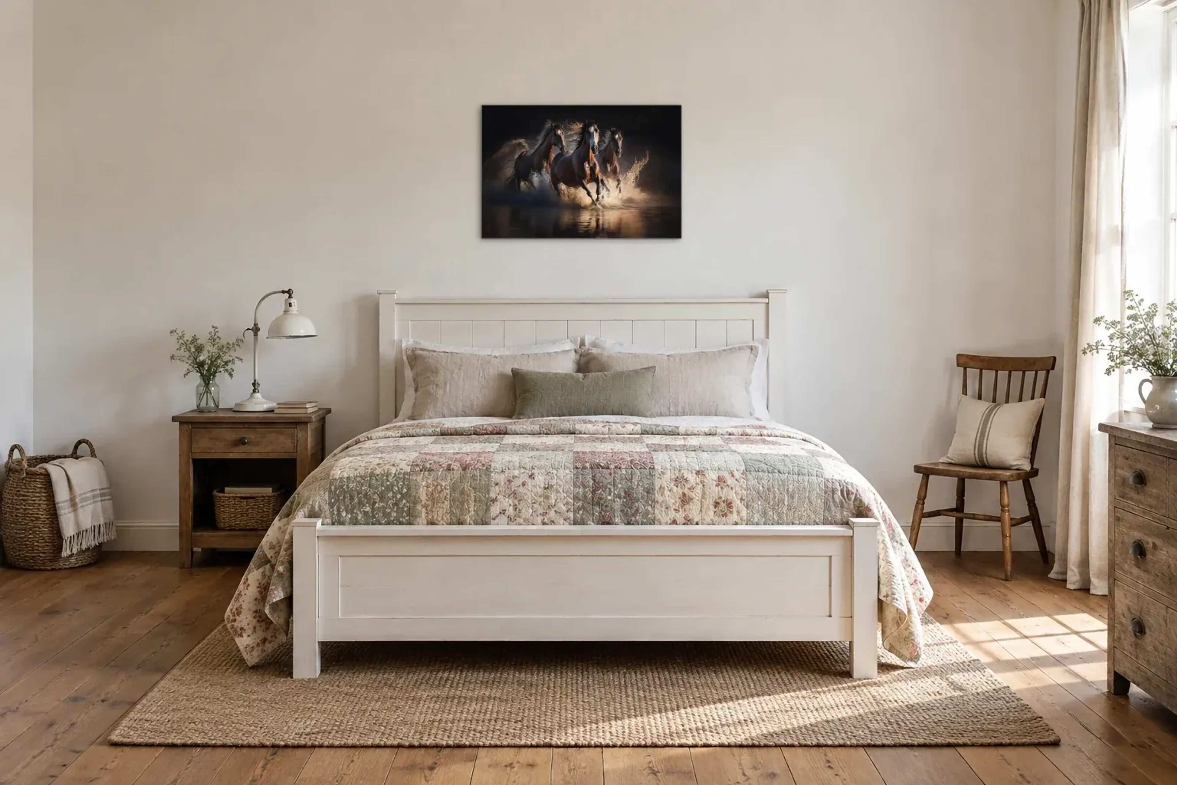 Pferde im Wasser als Wandbild über einem 160-cm-Bett