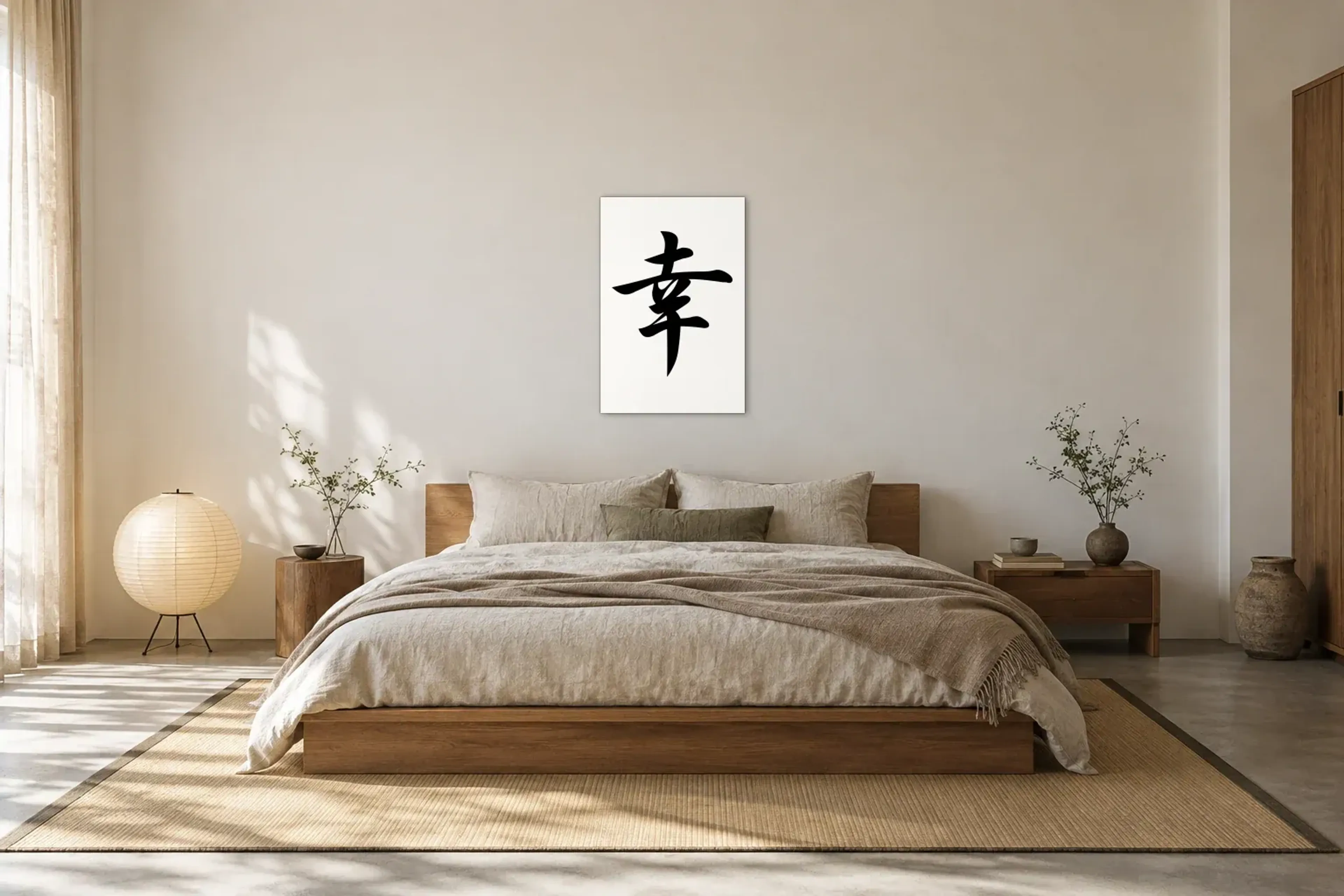 Freude in Schwarz-Weiß als Wandbild über einem 180-cm-Bett