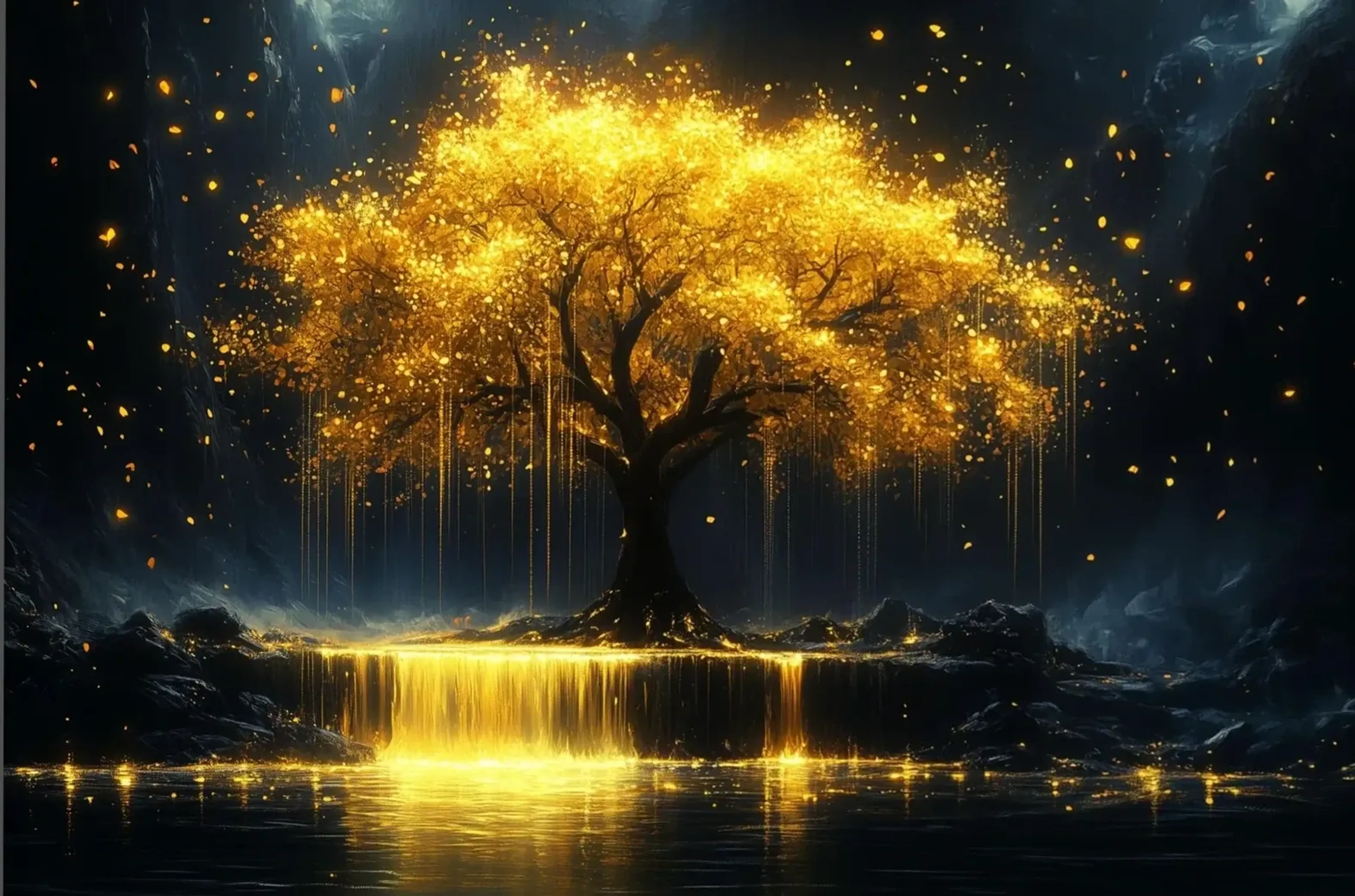 Ein goldener Baum steht auf einem Felsabsatz über einem leuchtenden Wasserfall in dunkler Felslandschaft.