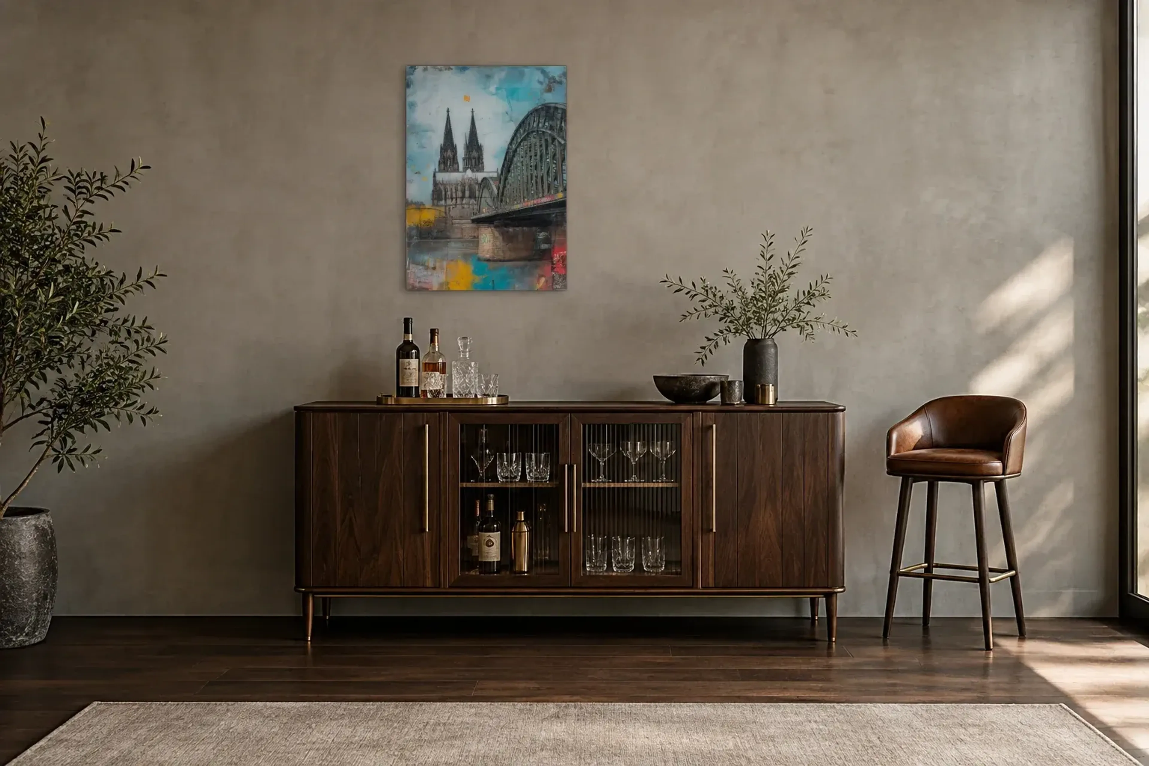Dom hinter den Brückenbögen aus der Kollektion Köln als Wandbild im Raum