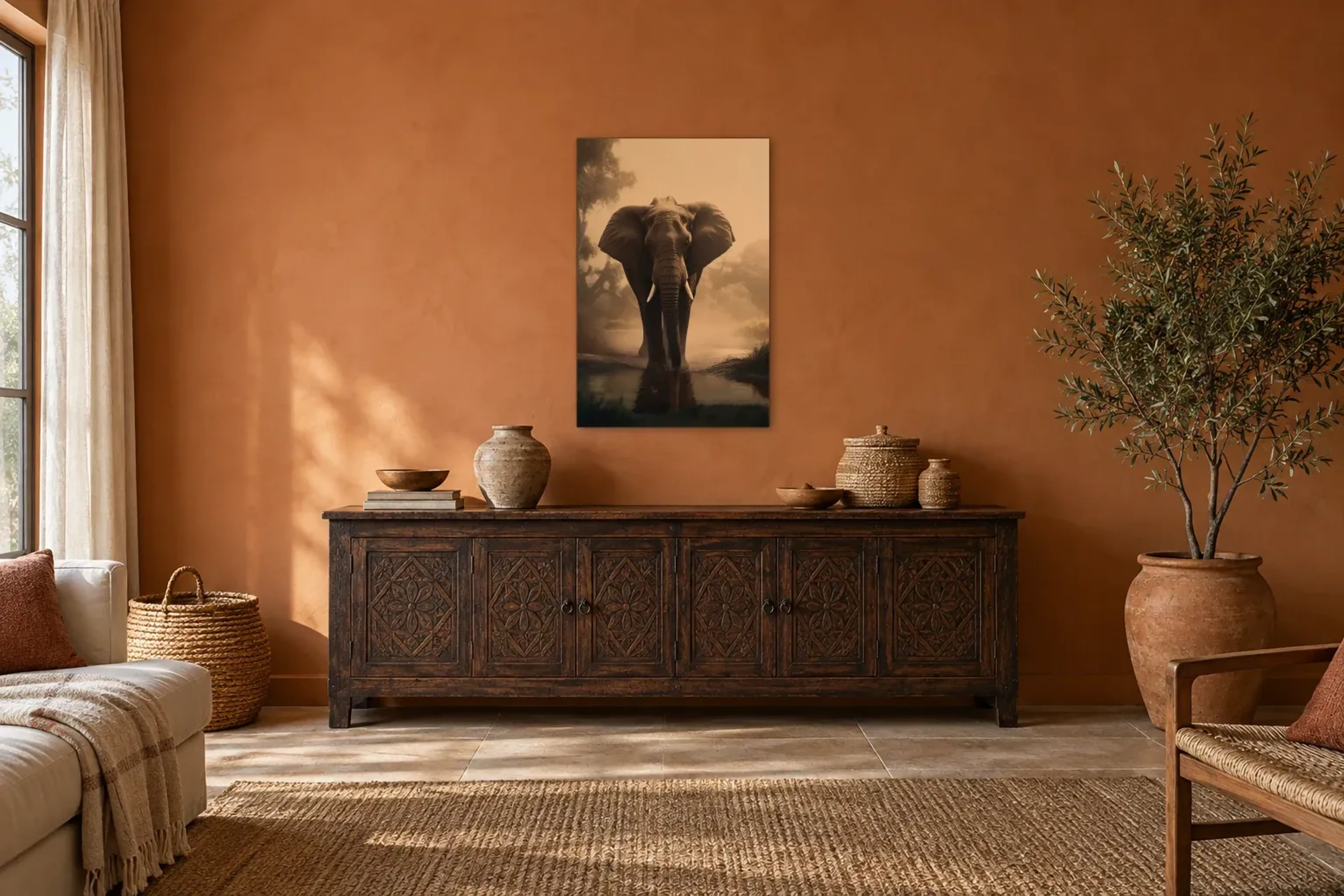 Elefant Frontal als Wandbild über einem 180-cm-Sideboard
