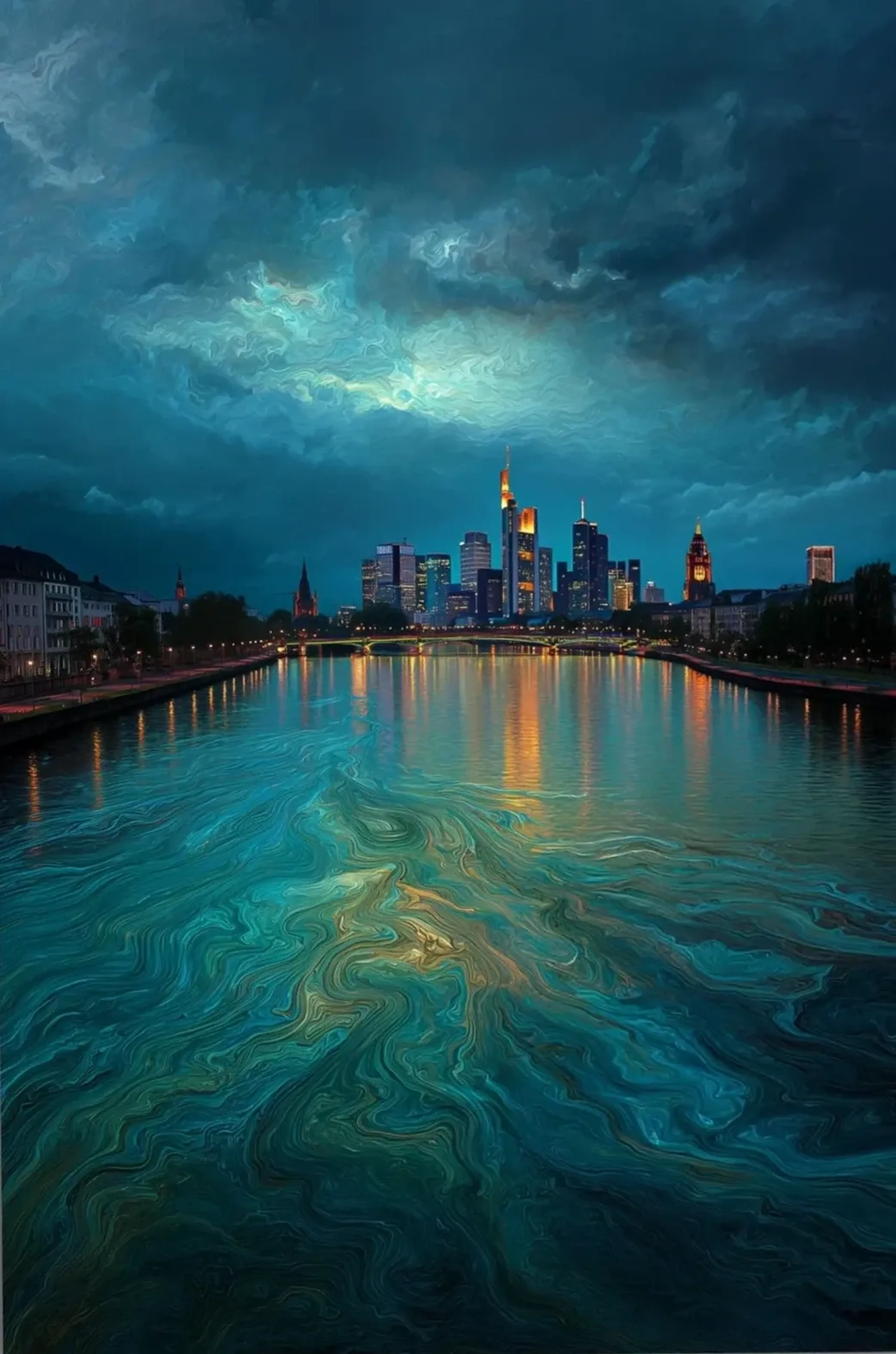 Entfernte Frankfurter Skyline unter dunklen Wolken, davor ein breiter Fluss mit türkisfarbenen Wirbelstrukturen.
