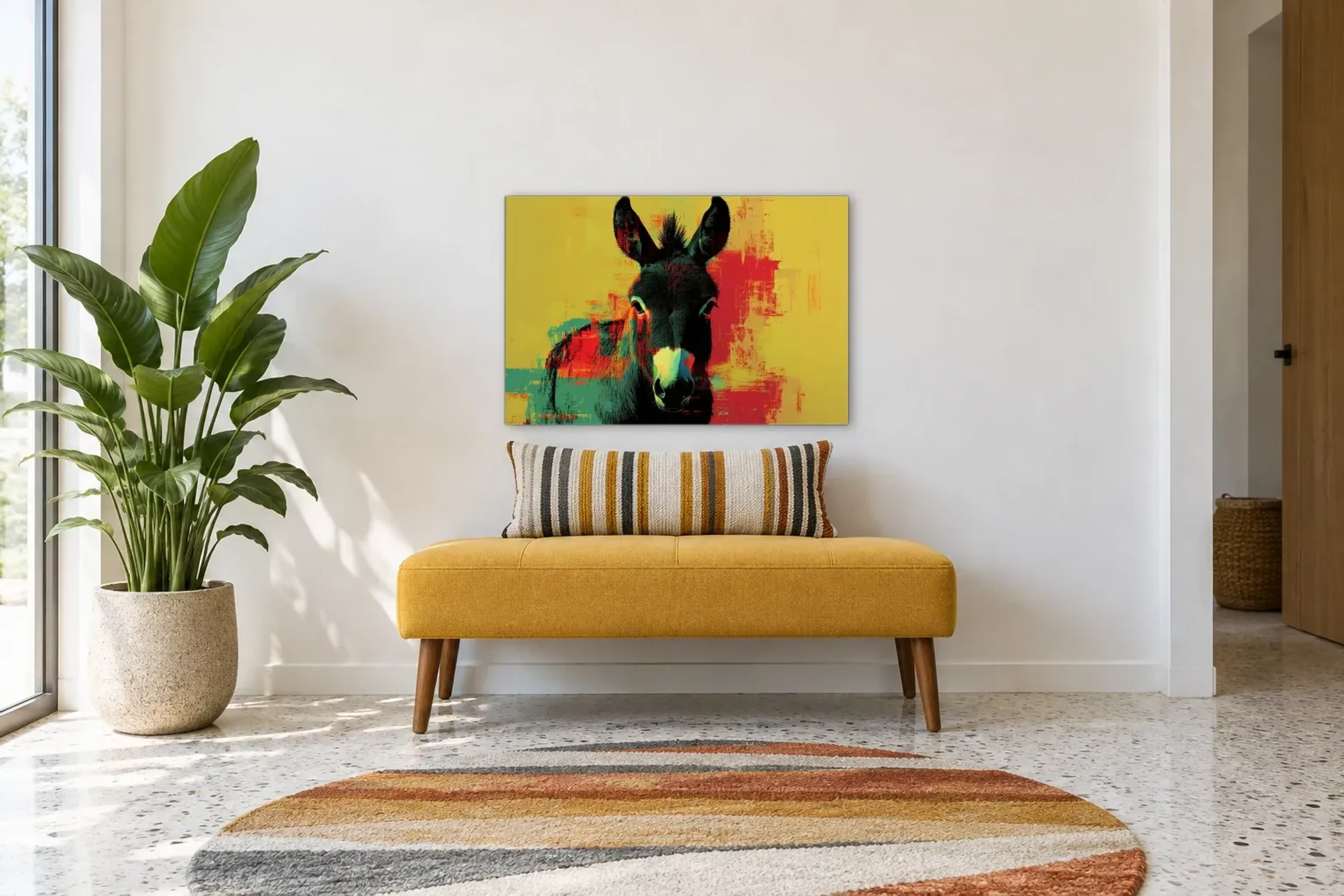 Esel vor Gelb als Wandbild über einer 120-cm-Bank
