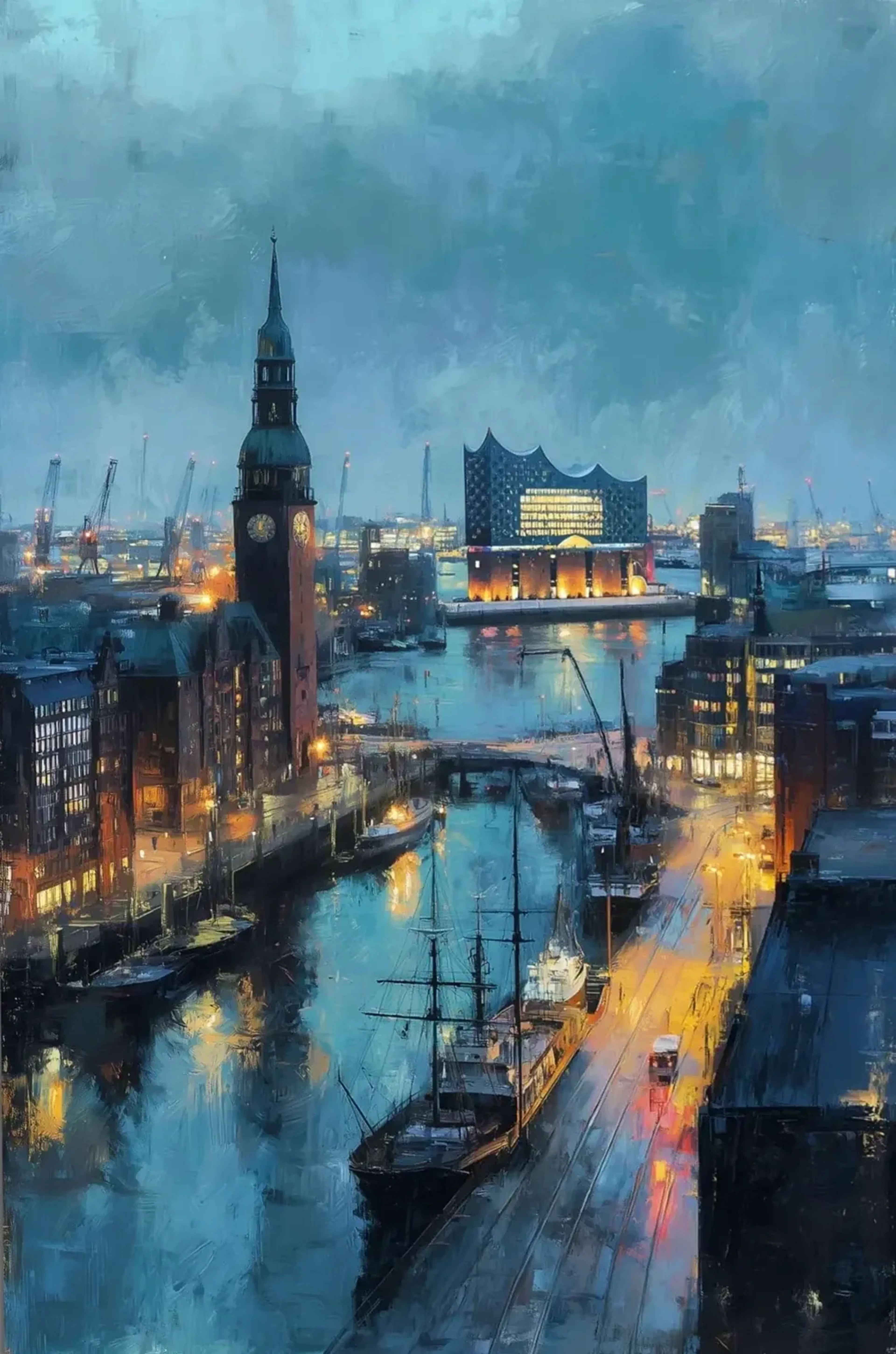 Hafenkanal mit Segelschiffen, Kirchturm und Elbphilharmonie in blaugrauem Abendlicht mit gelben Uferlichtern.