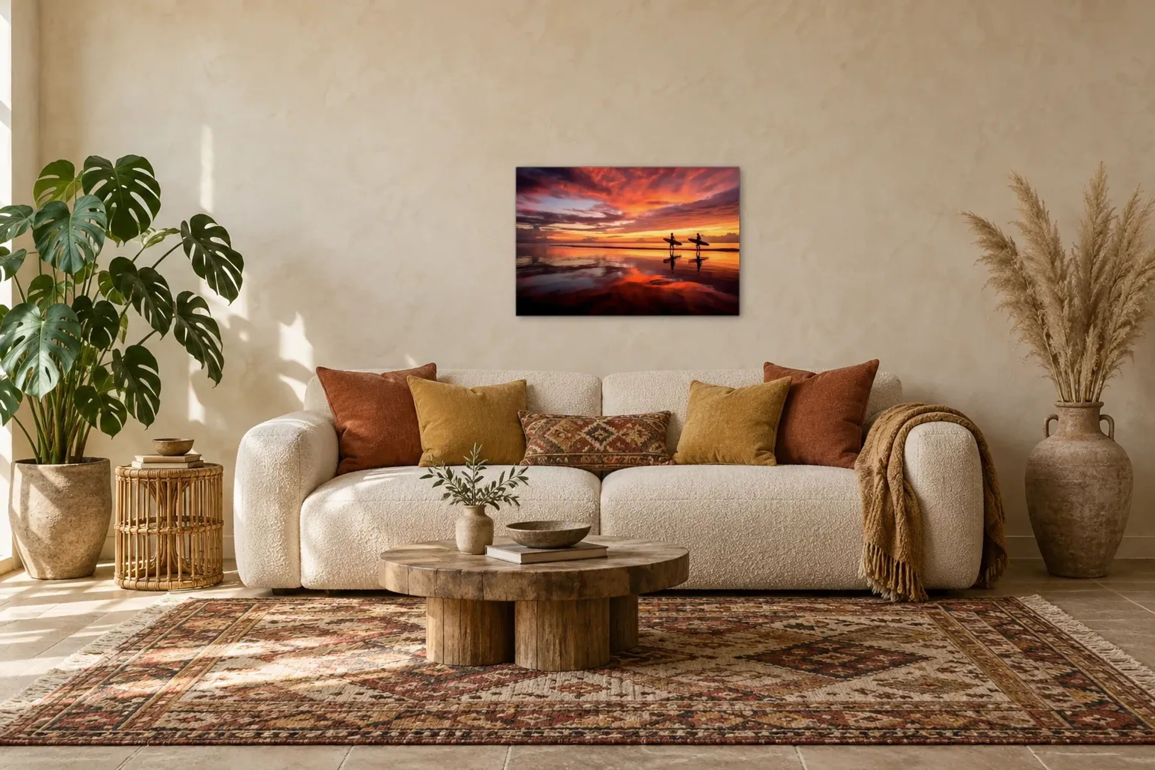 Surfer im Abendrot als Wandbild über einem 220-cm-Sofa