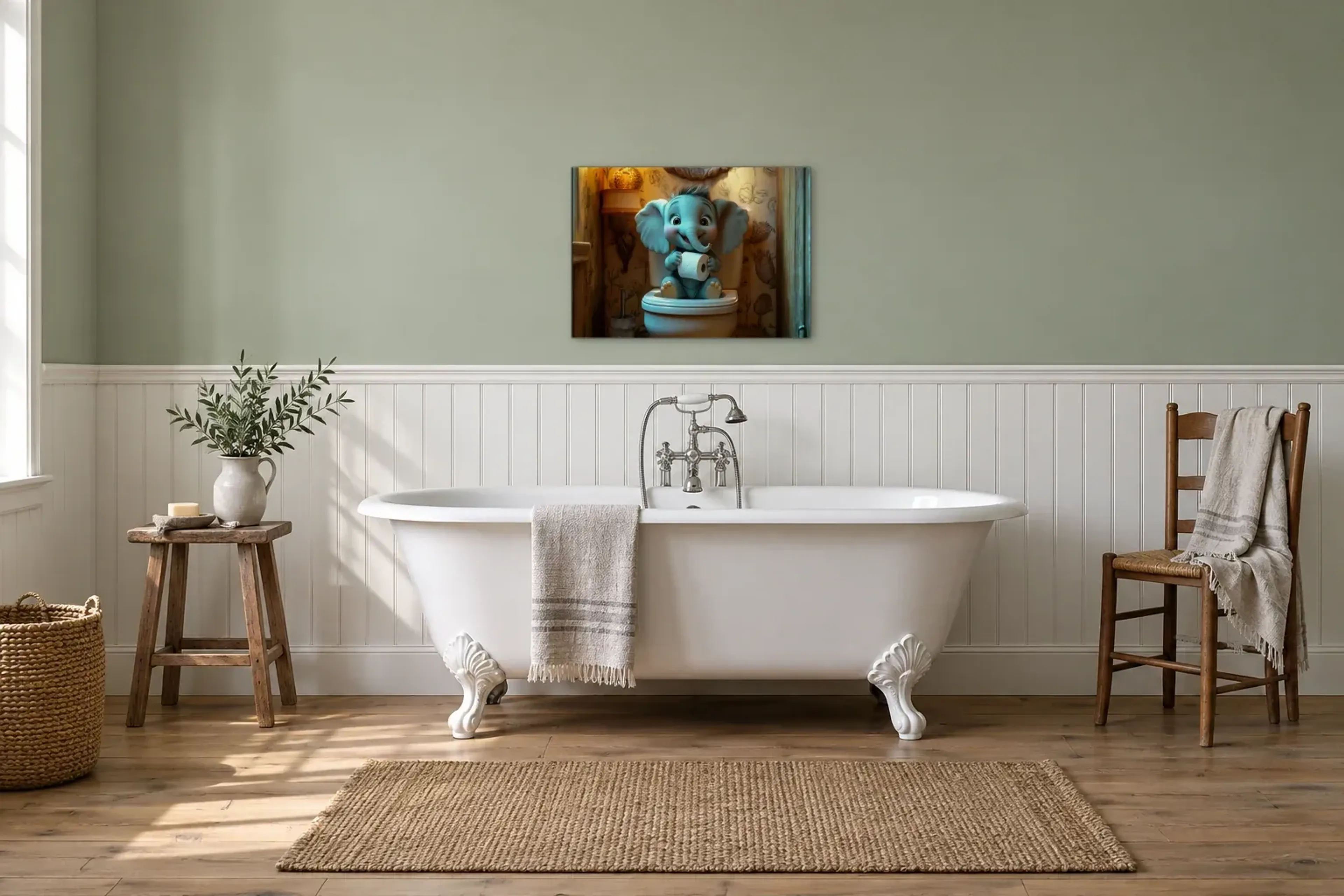 Elefant im Blumenbad als Wandbild über einer 170-cm-Badewanne