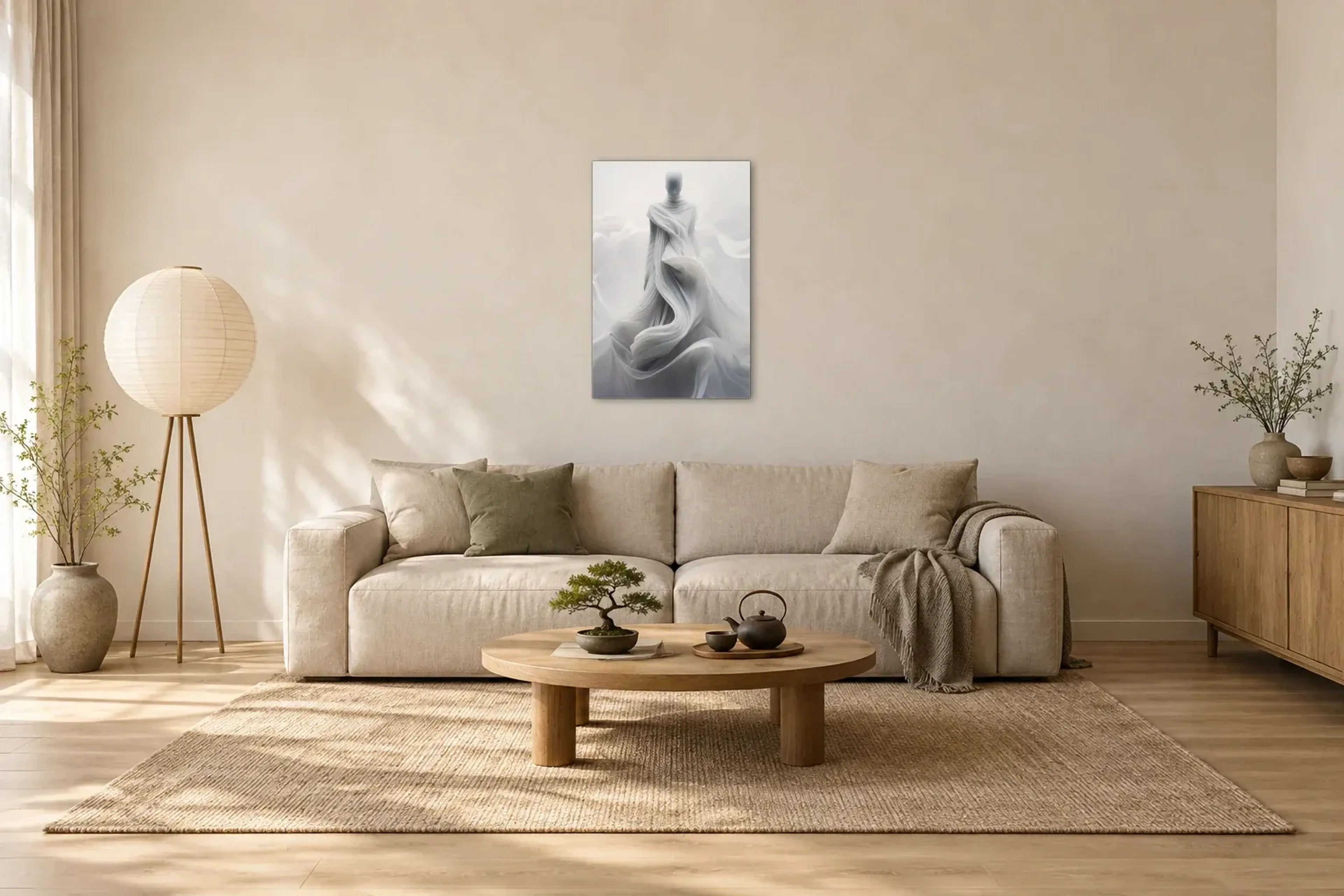 Weiße Gestalt als Wandbild über einem 220-cm-Sofa
