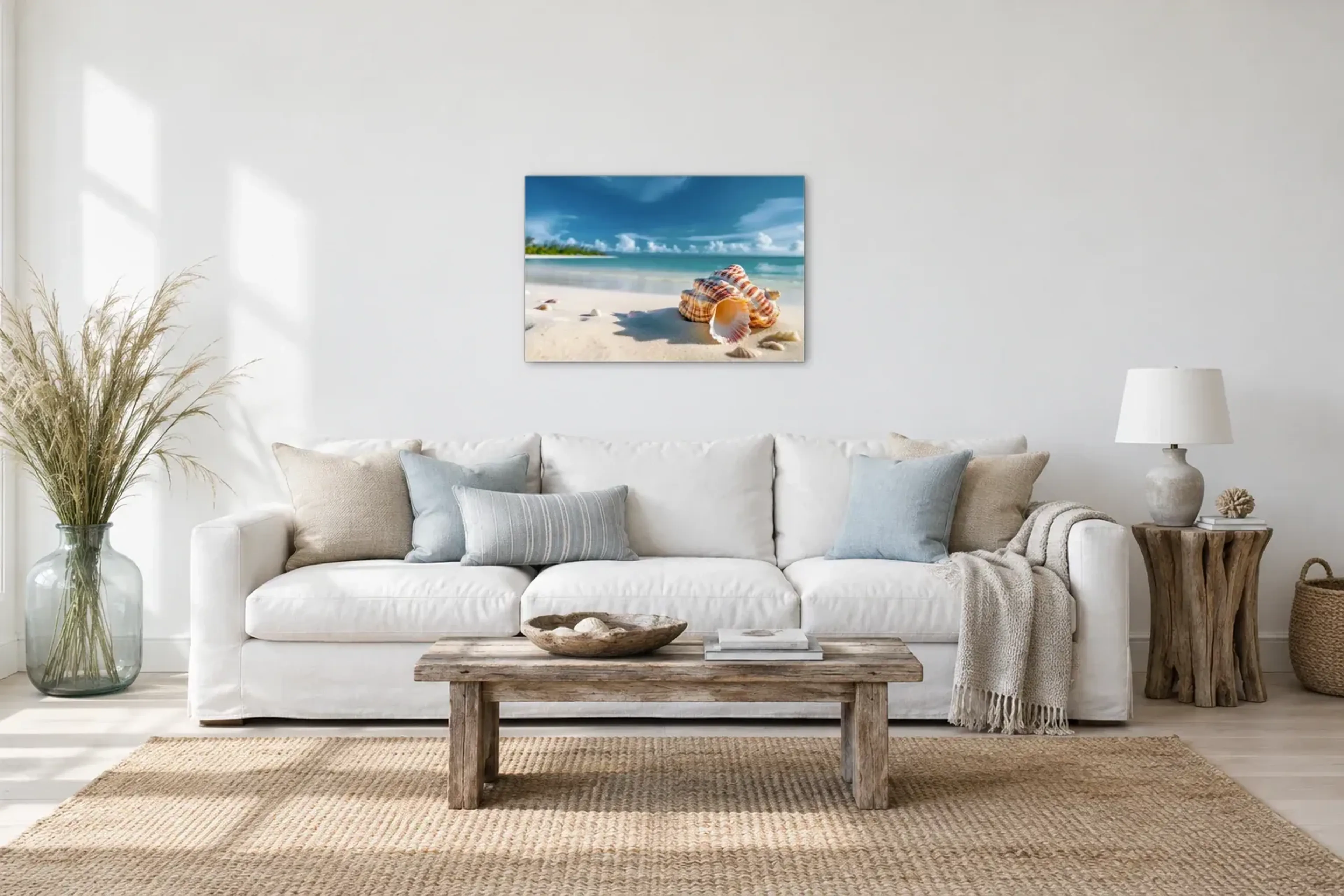 Muschel am Strand als Wandbild über einem 220-cm-Sofa