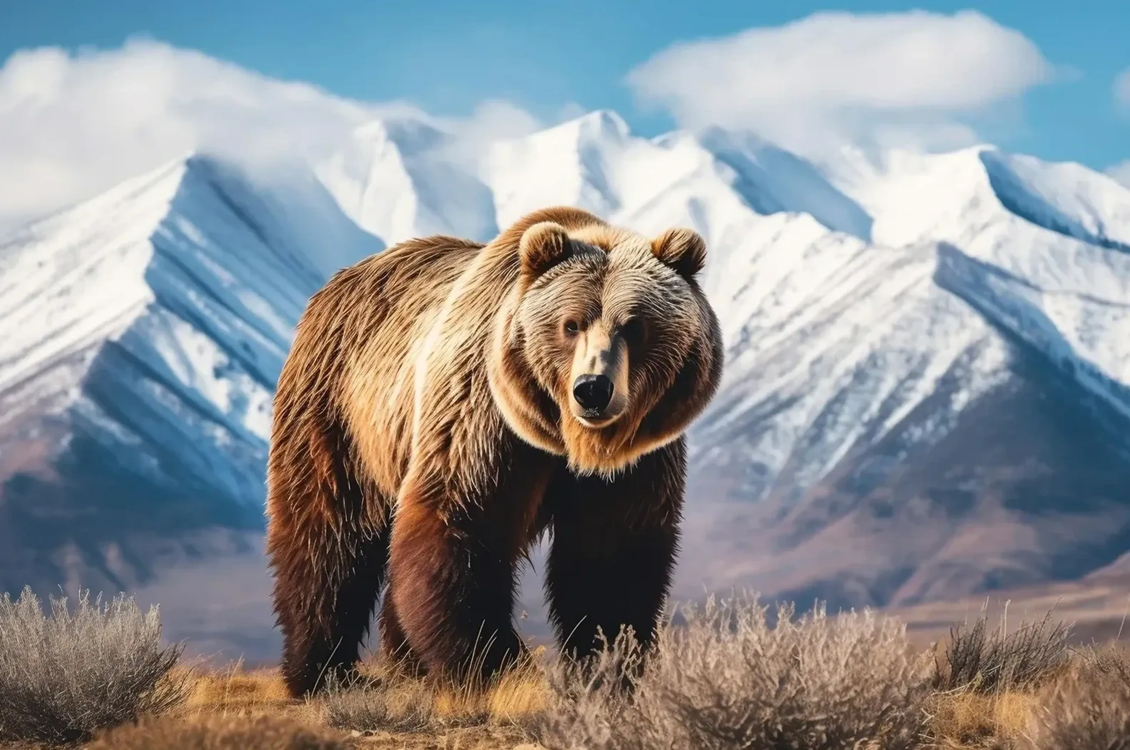 Braunbär zwischen trockenen Gräsern vor schneebedeckten Bergen unter blauem Himmel.