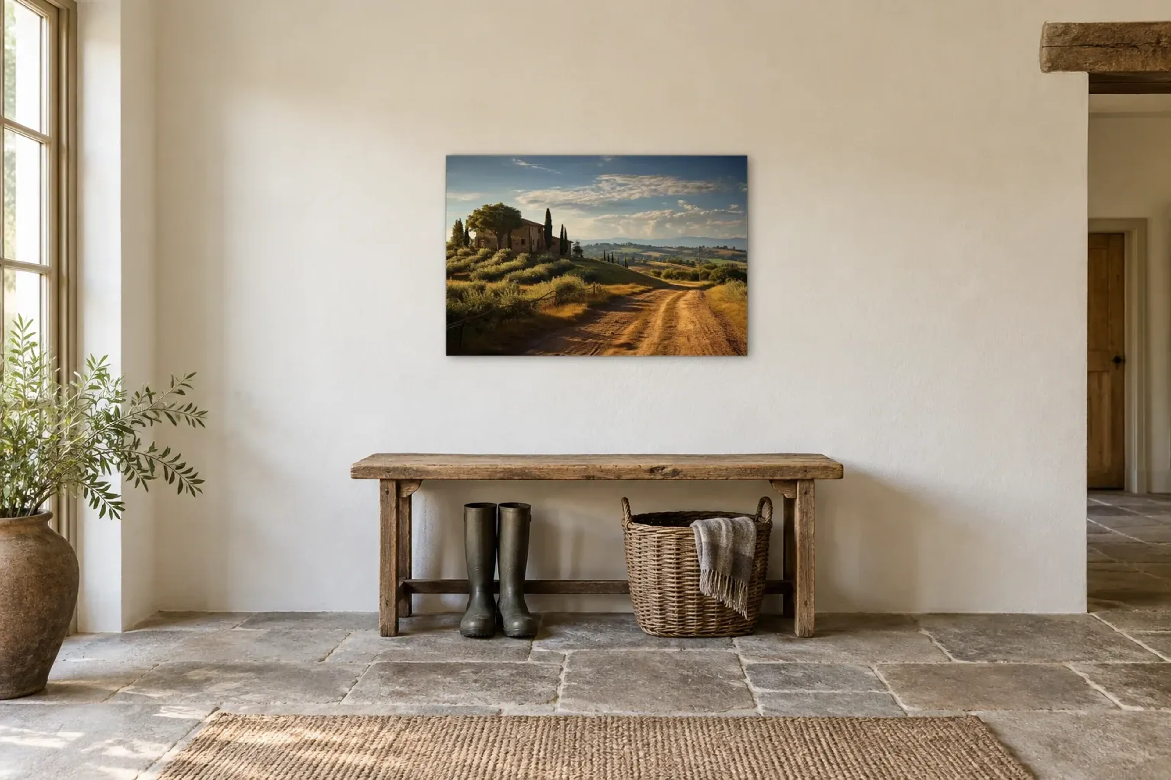 Toskana mit Haus als Wandbild über einer 120-cm-Bank