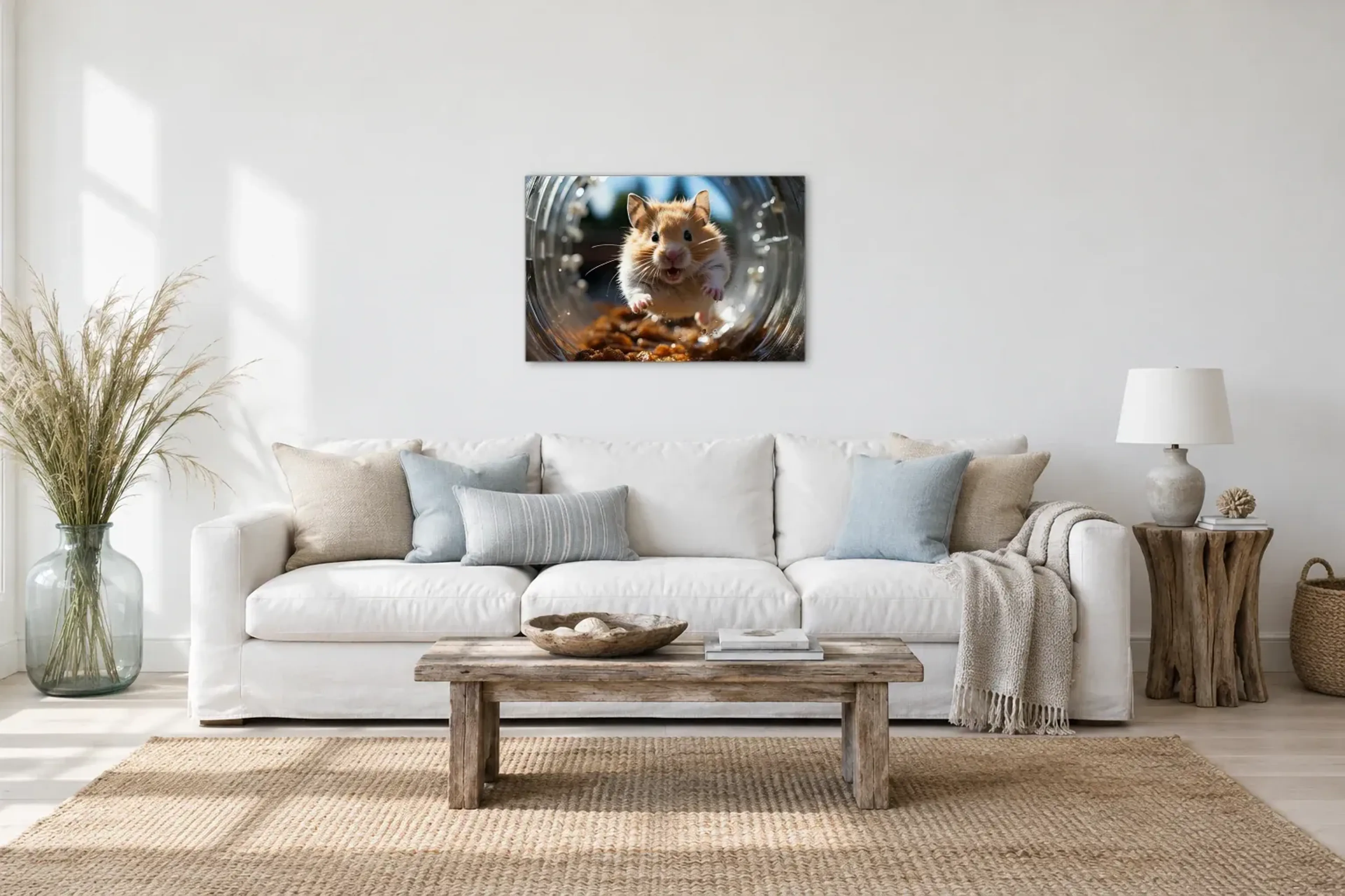 Hamster in Bewegung als Wandbild über einem 220-cm-Sofa