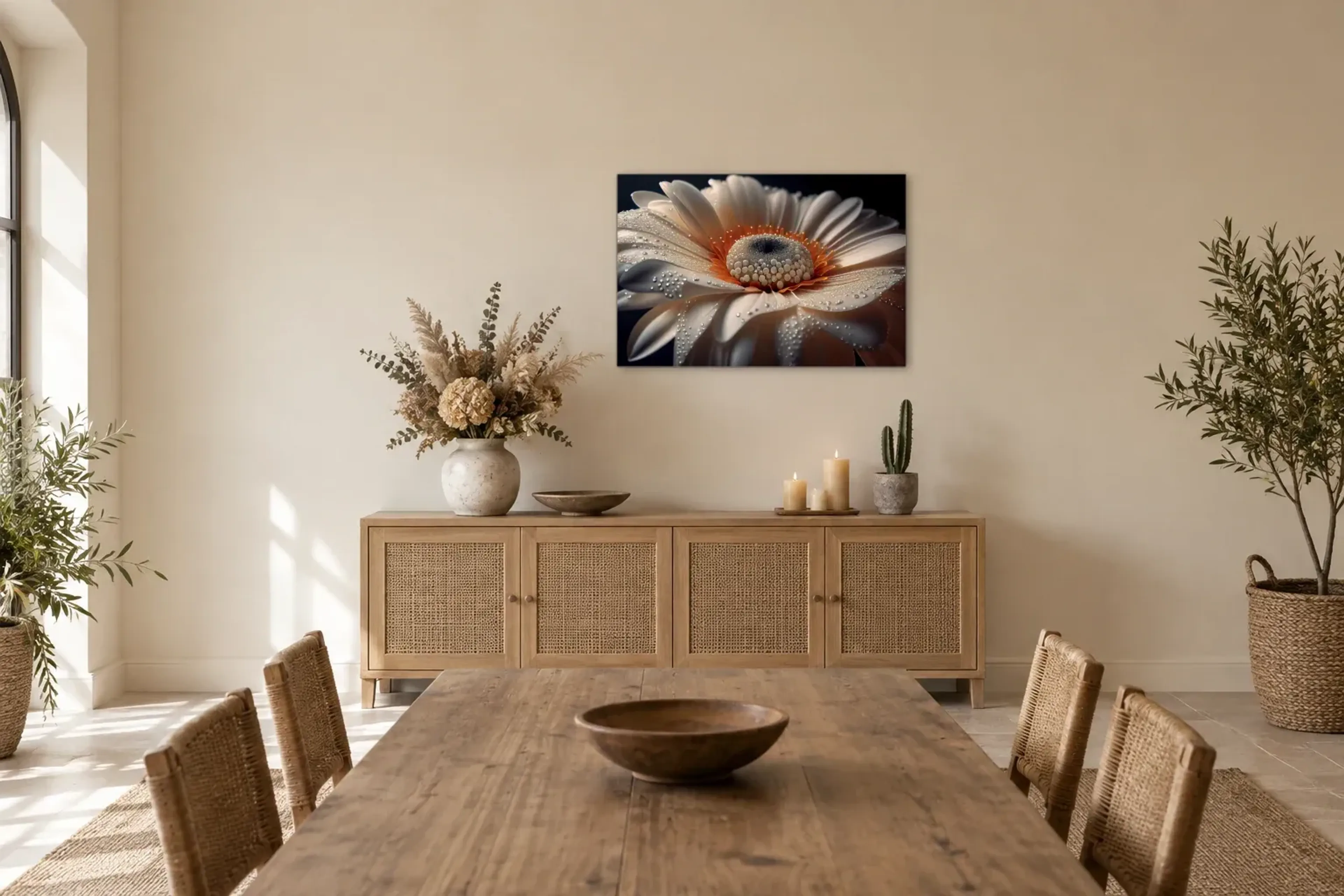 Blüte mit Wassertropfen als Wandbild über einem 160-cm-Sideboard