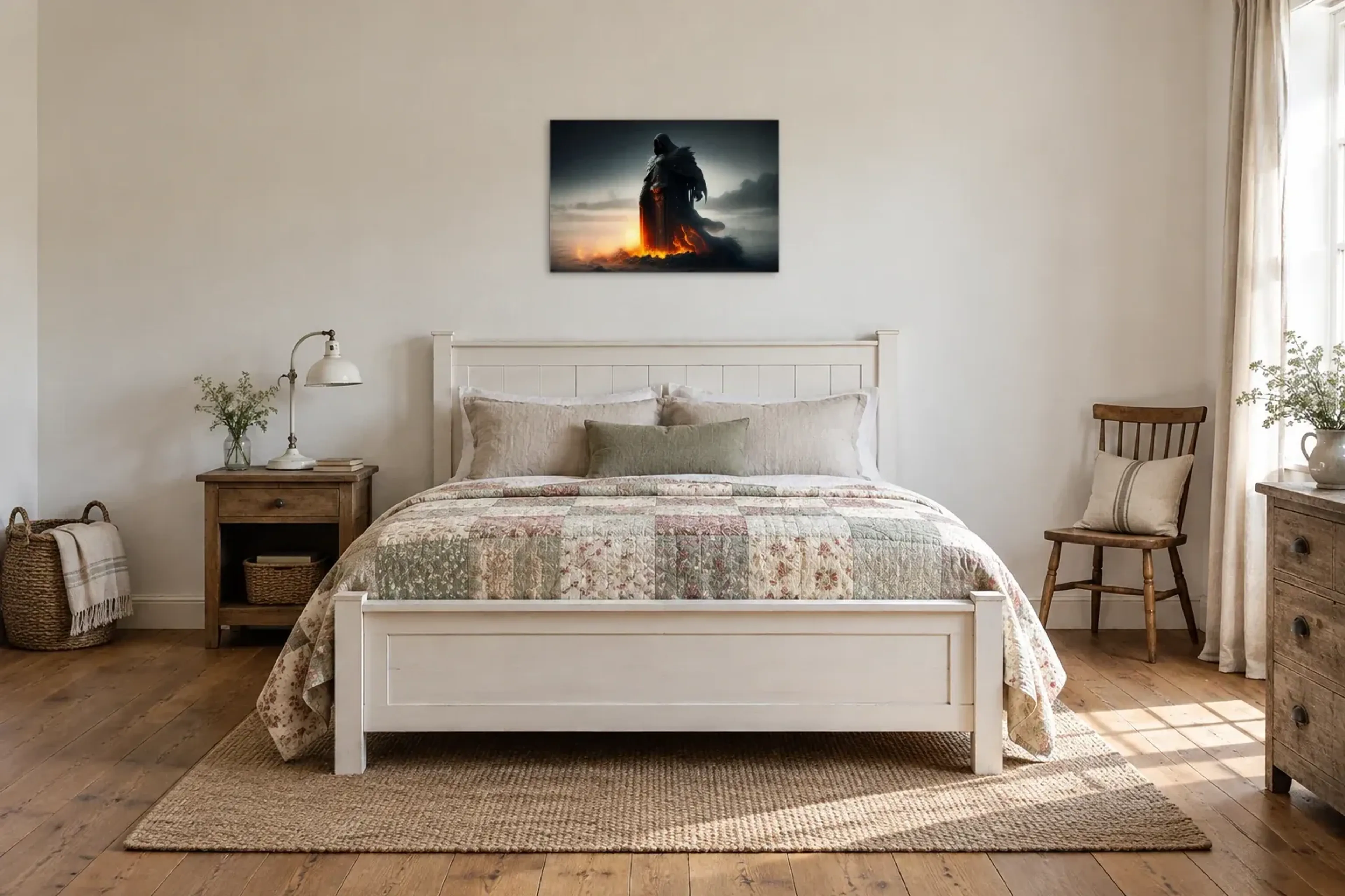 Ritter in Flammen als Wandbild über einem 160-cm-Bett