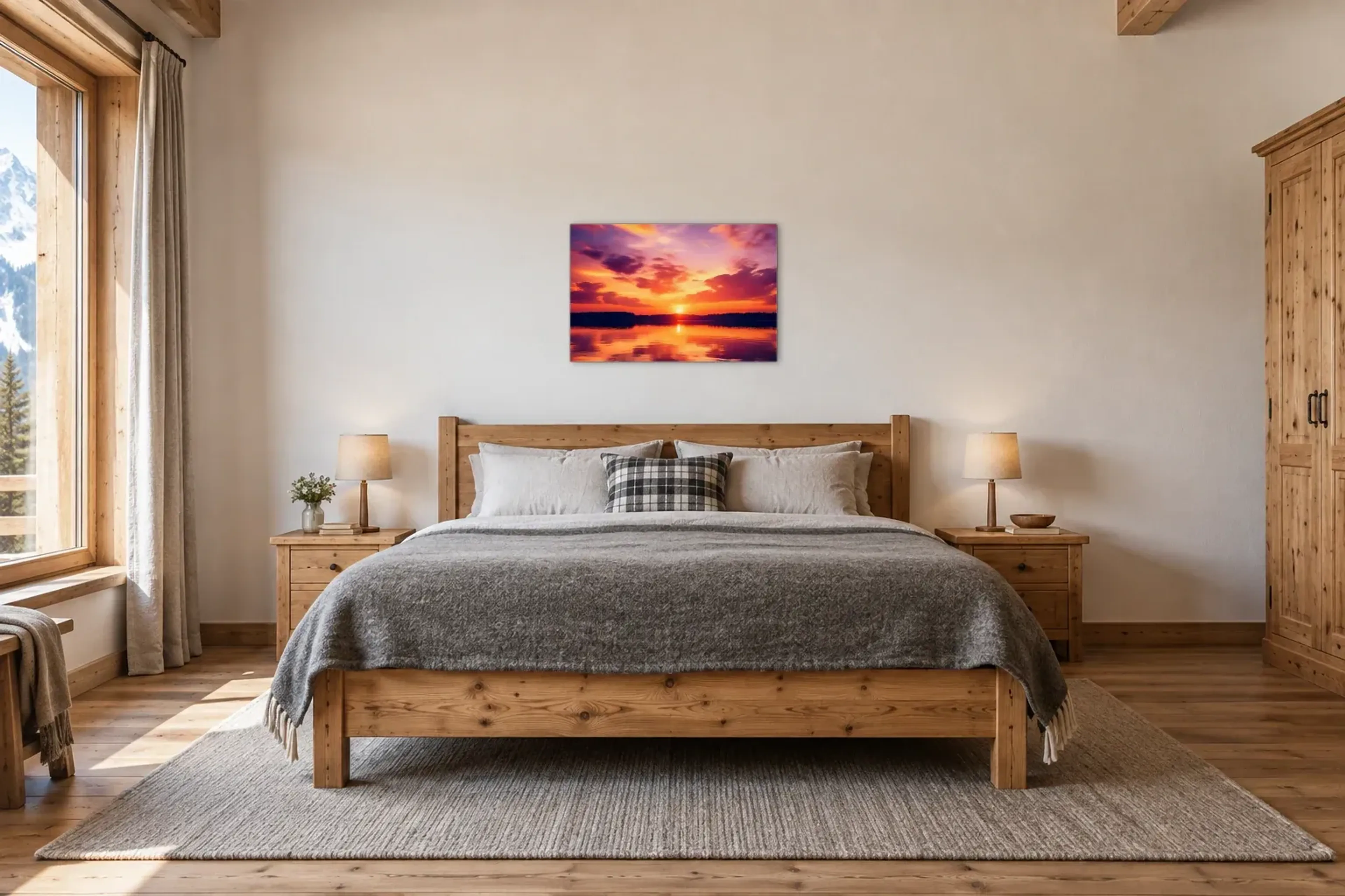 Sonnenuntergang am See als Wandbild über einem 180-cm-Bett