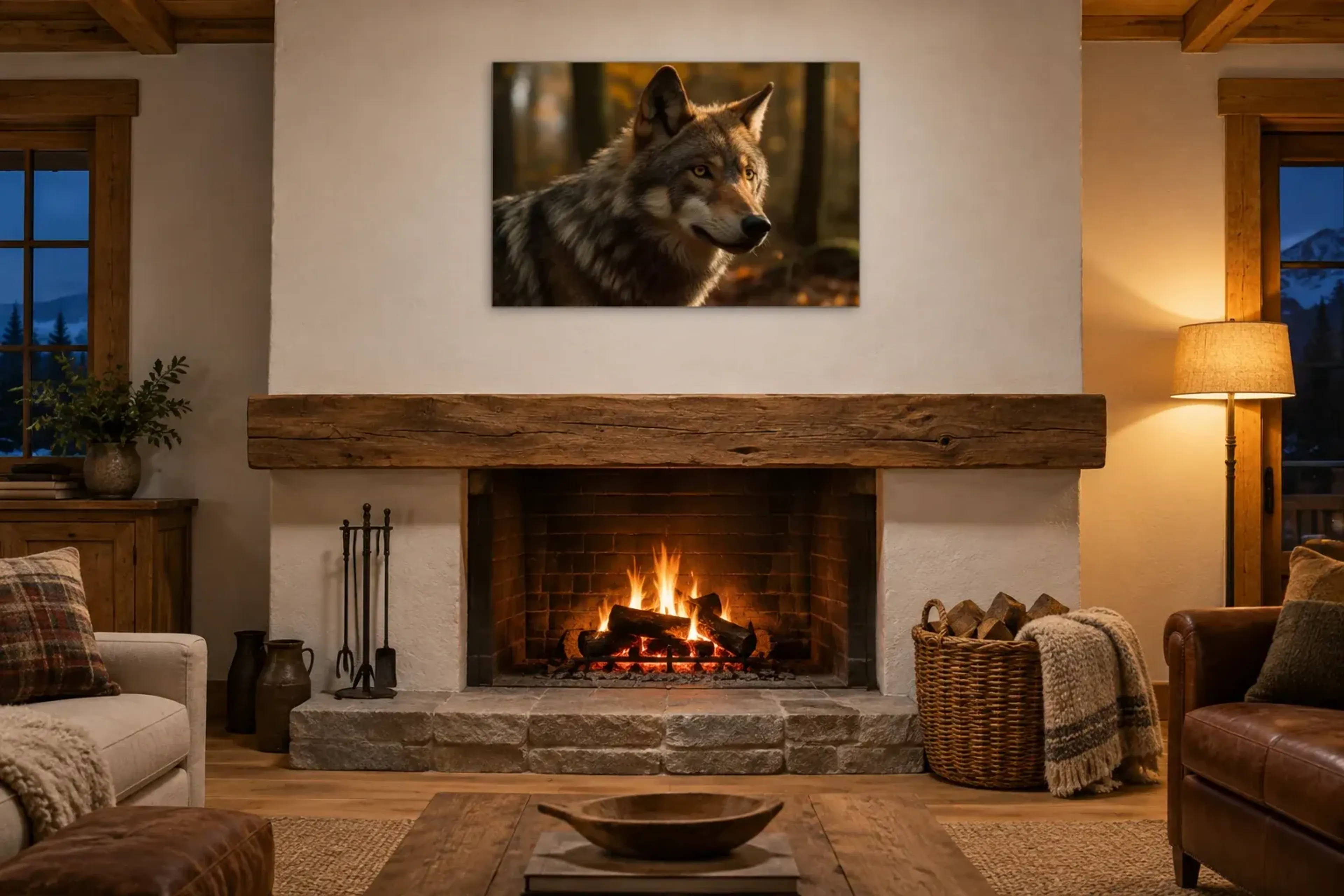 Wolf im Abendlicht als Wandbild über einem 180-cm-Kaminsims