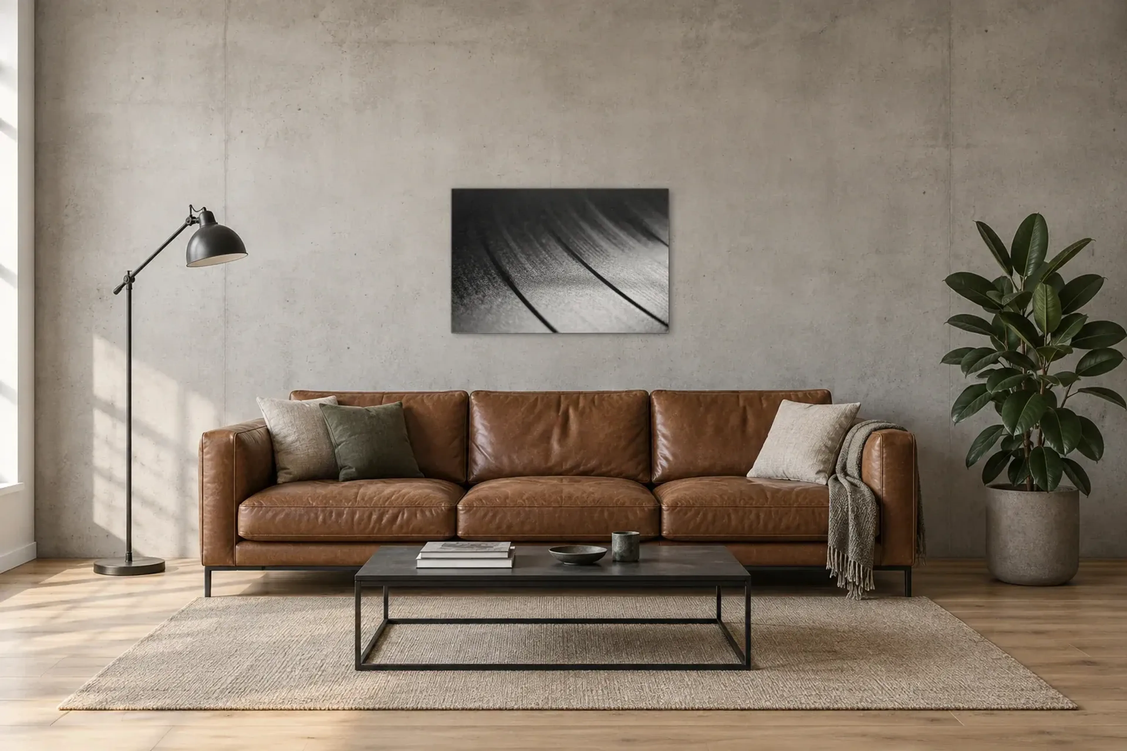 Schallplattenrillen in Schwarzweiß als Wandbild über einem 220-cm-Sofa
