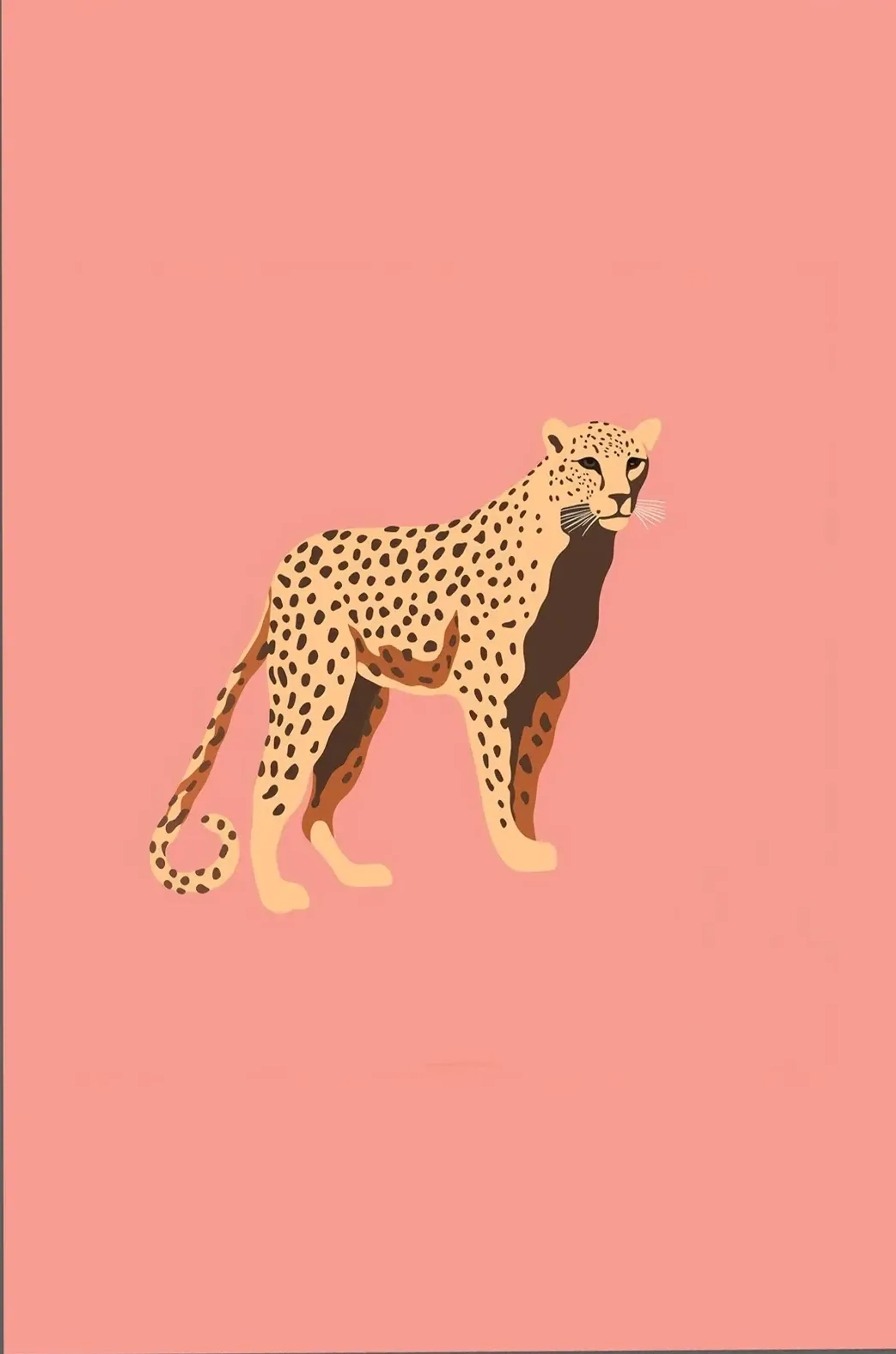 Schlanke gelbliche Raubkatze mit schwarzen Flecken und eingerollter Schwanzspitze auf rosa Grund.