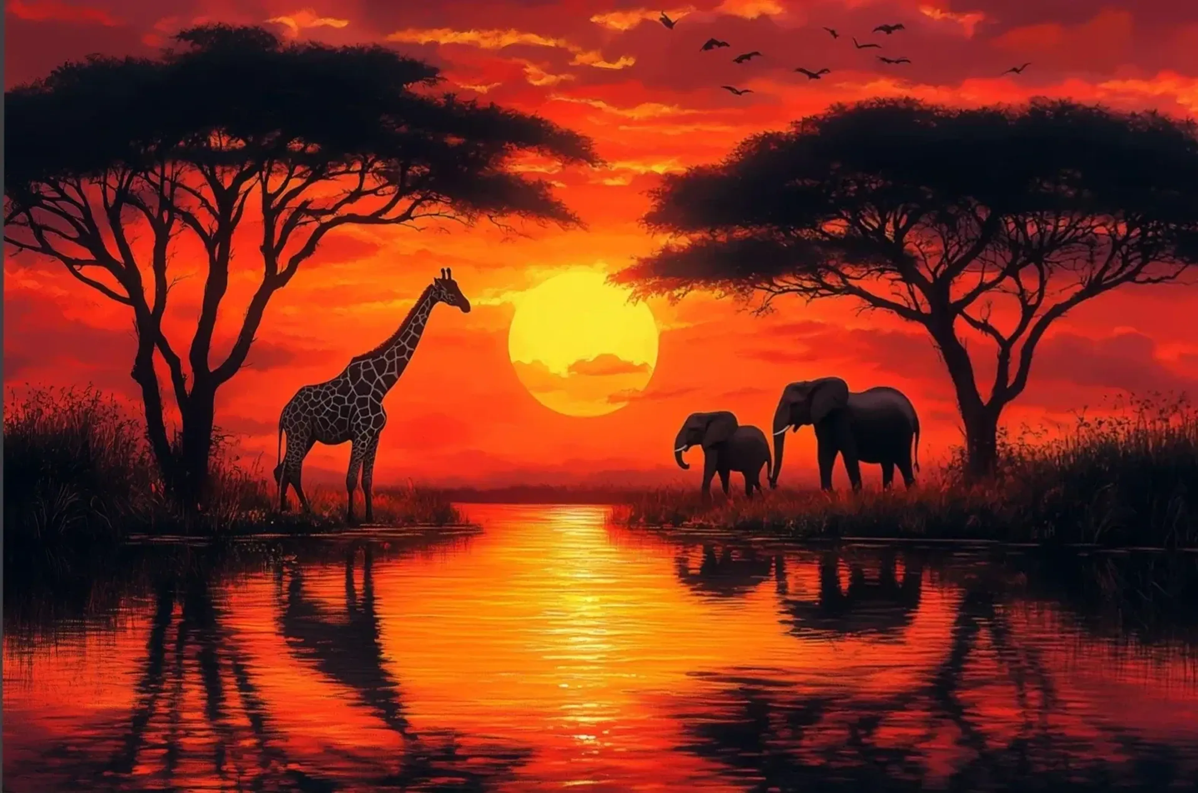 Eine Giraffe und zwei Elefanten am Wasser zwischen dunklen Bäumen vor einer gelben Sonne und rotorangem Himmel.