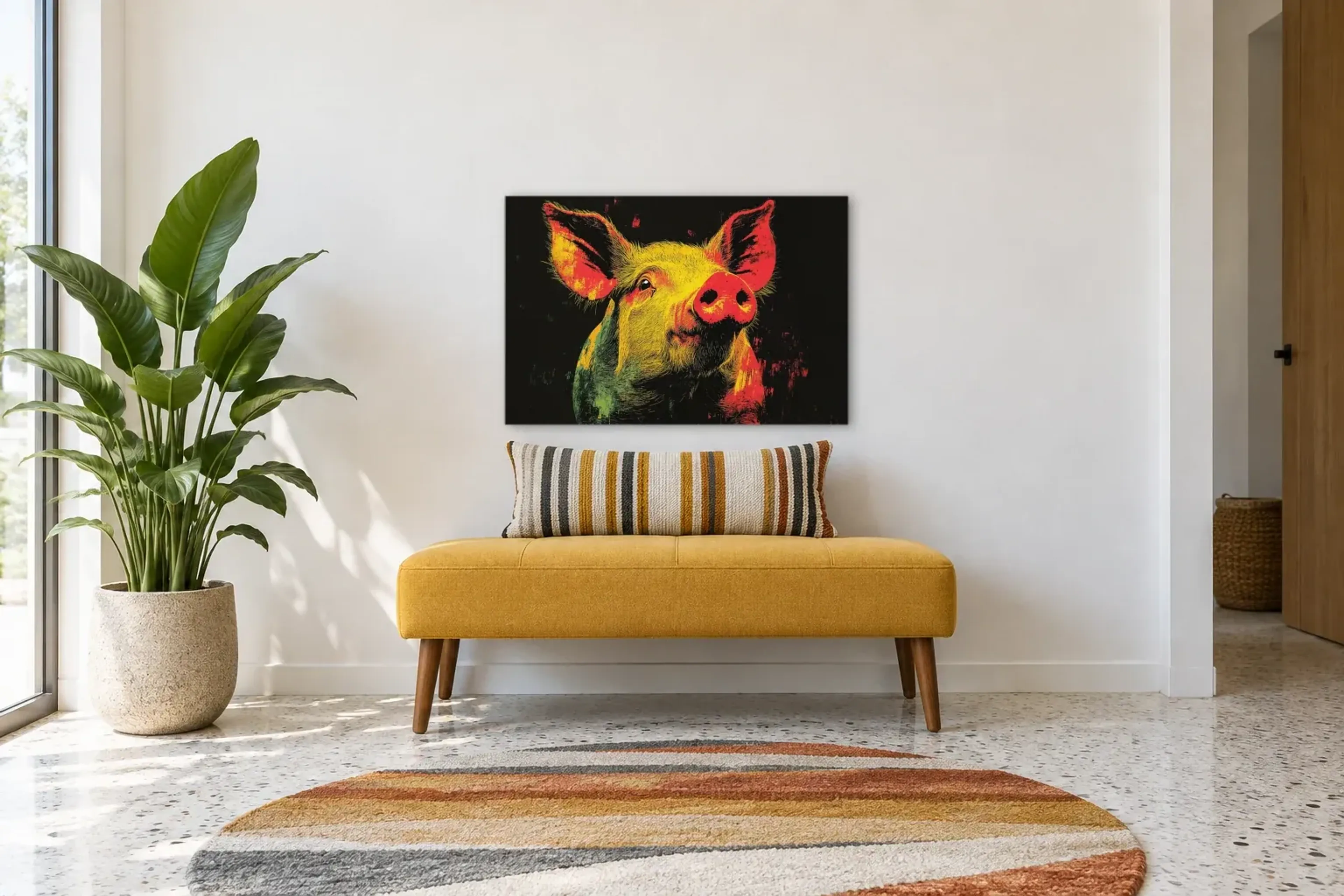 Schwein mit roter Schnauze als Wandbild über einer 120-cm-Bank