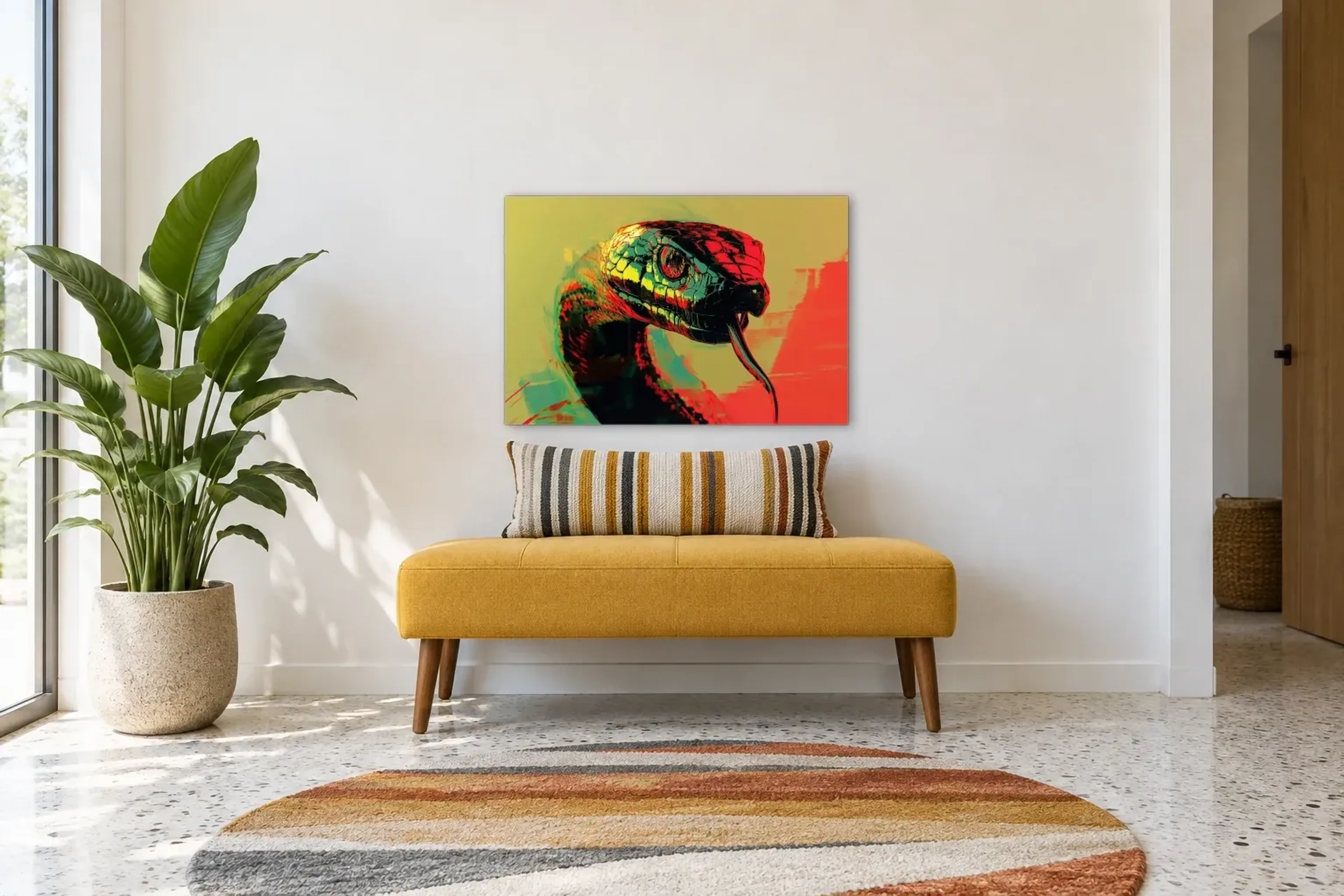 Kobra in Leuchtfarben als Wandbild über einer 120-cm-Bank